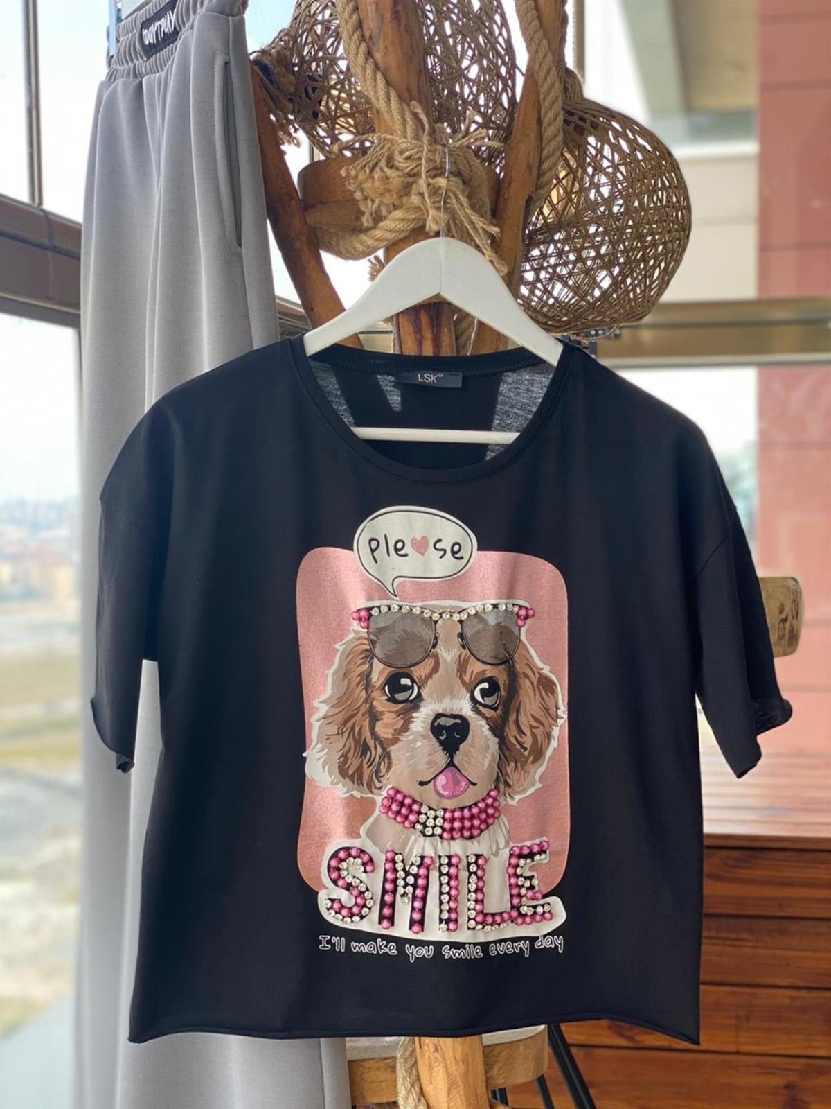 Köpek Baskılı Taş İnci Detaylı Tshirt (SİYAH)