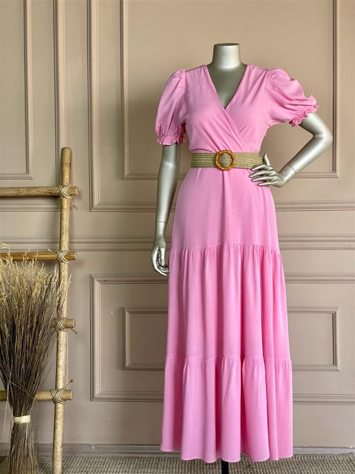 Krinkıl Kumaş Kruvaze Yaka Elbise (Pembe)