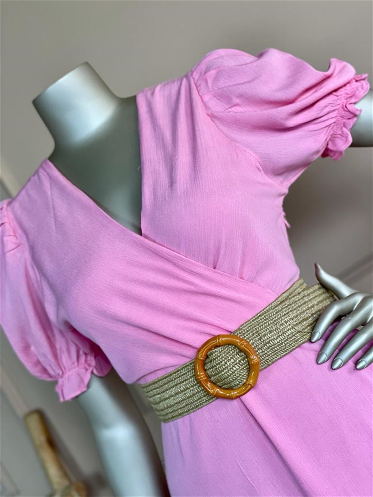 Krinkıl Kumaş Kruvaze Yaka Elbise (Pembe)