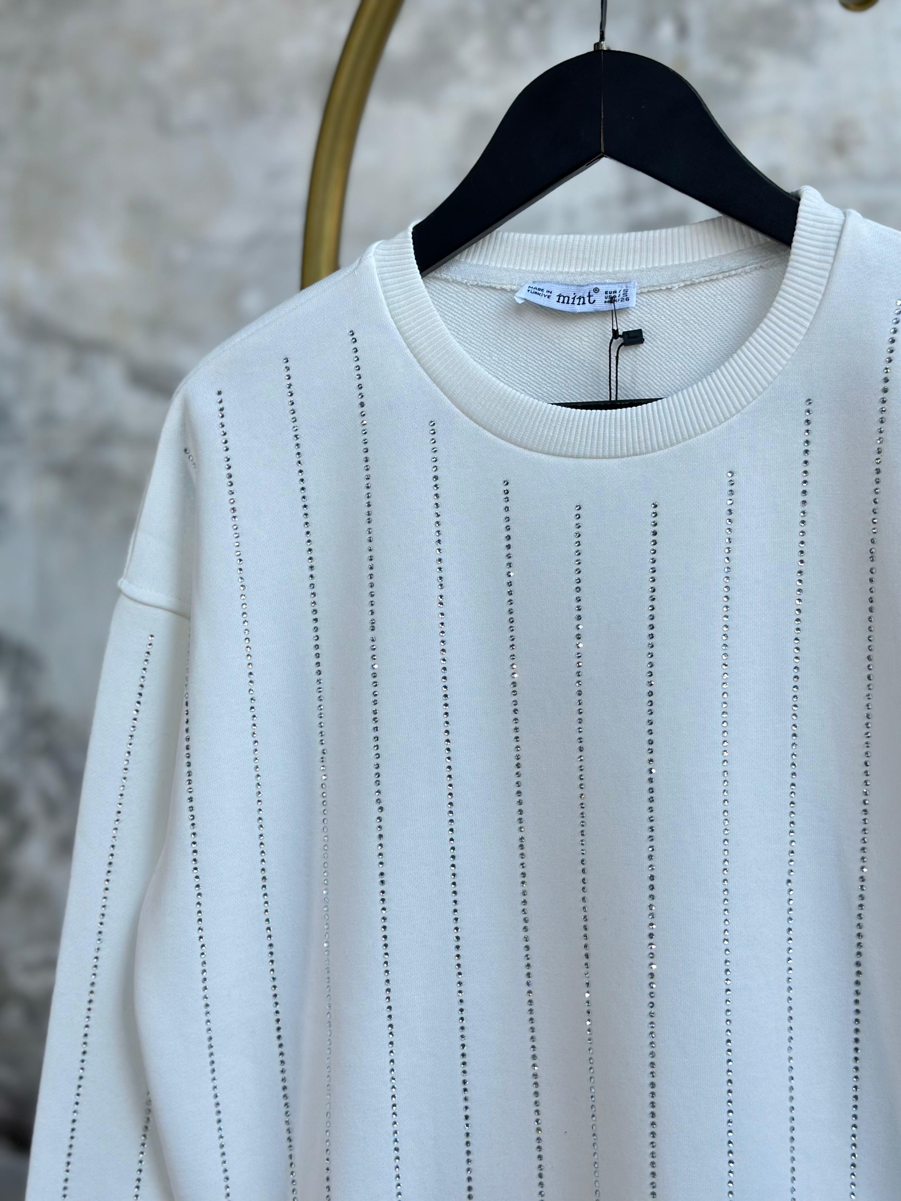 Kristal Sıra Taş İşçilikli Sweat (Beyaz)