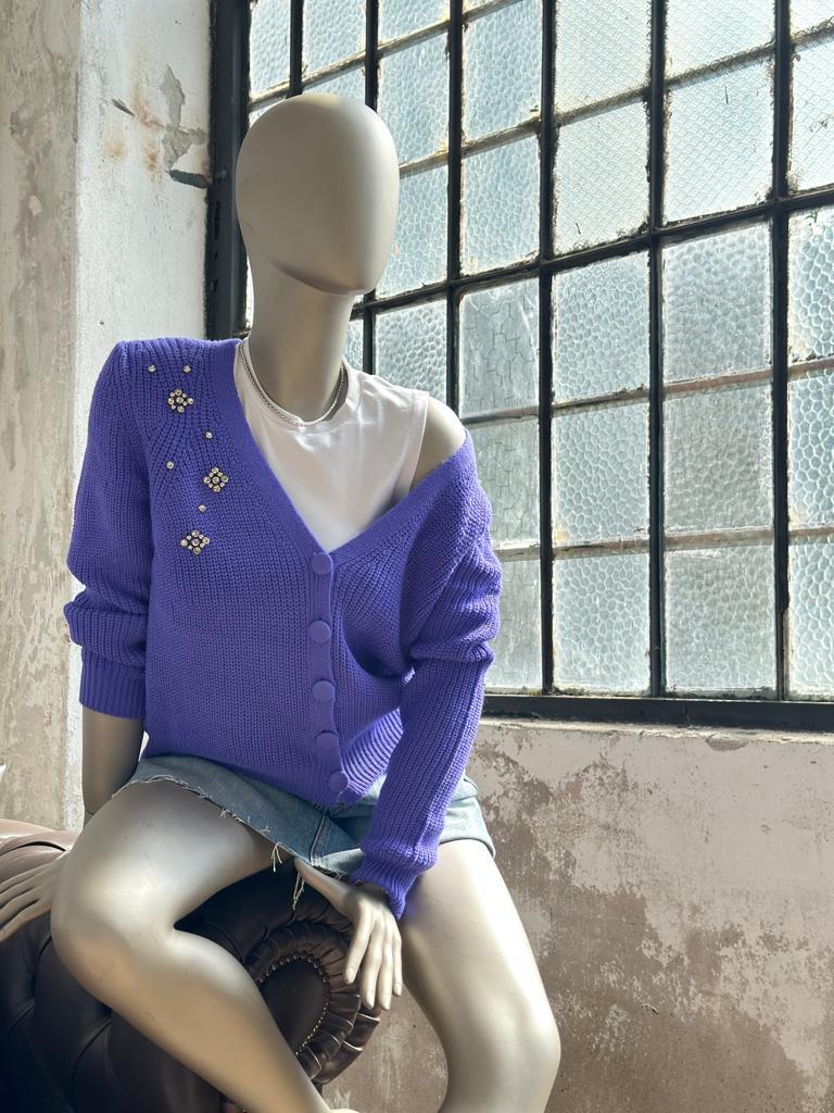 Kristal Taş İşçilikli Örme Dokulu Hırka (Mor)