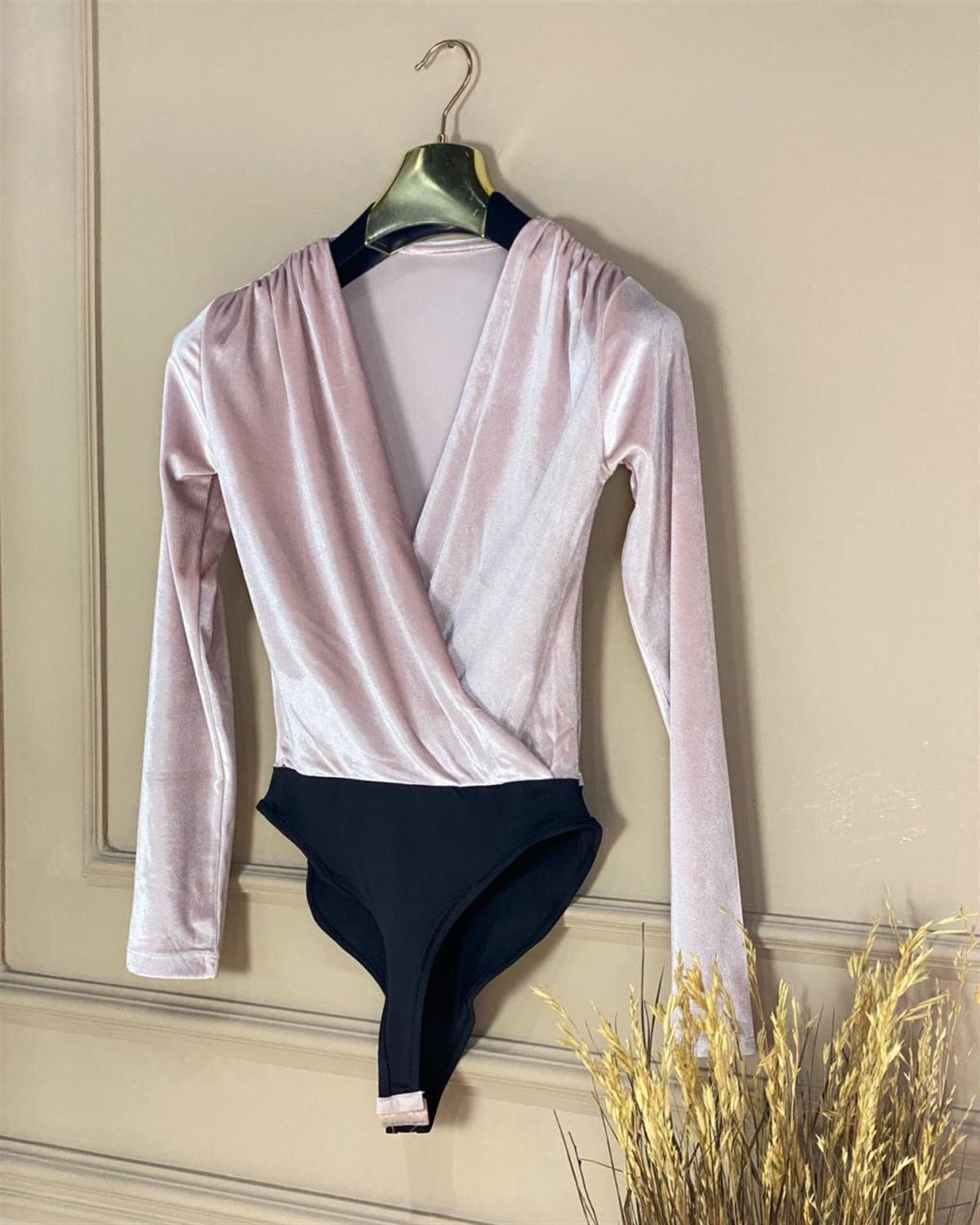 Kruvaze Kadife Bodysuit (Pembe)