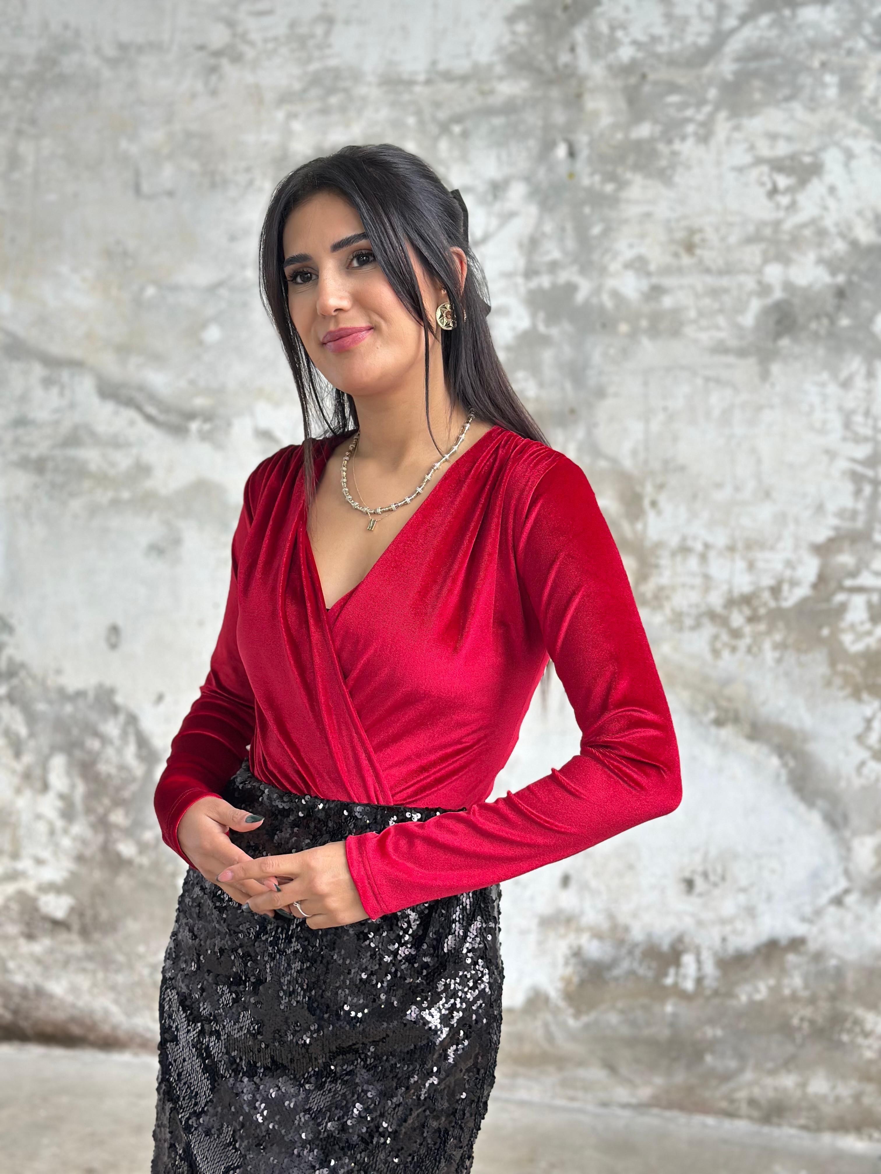 Kruvaze Yaka Kadife Kumaş Bodysuit (Bordo)