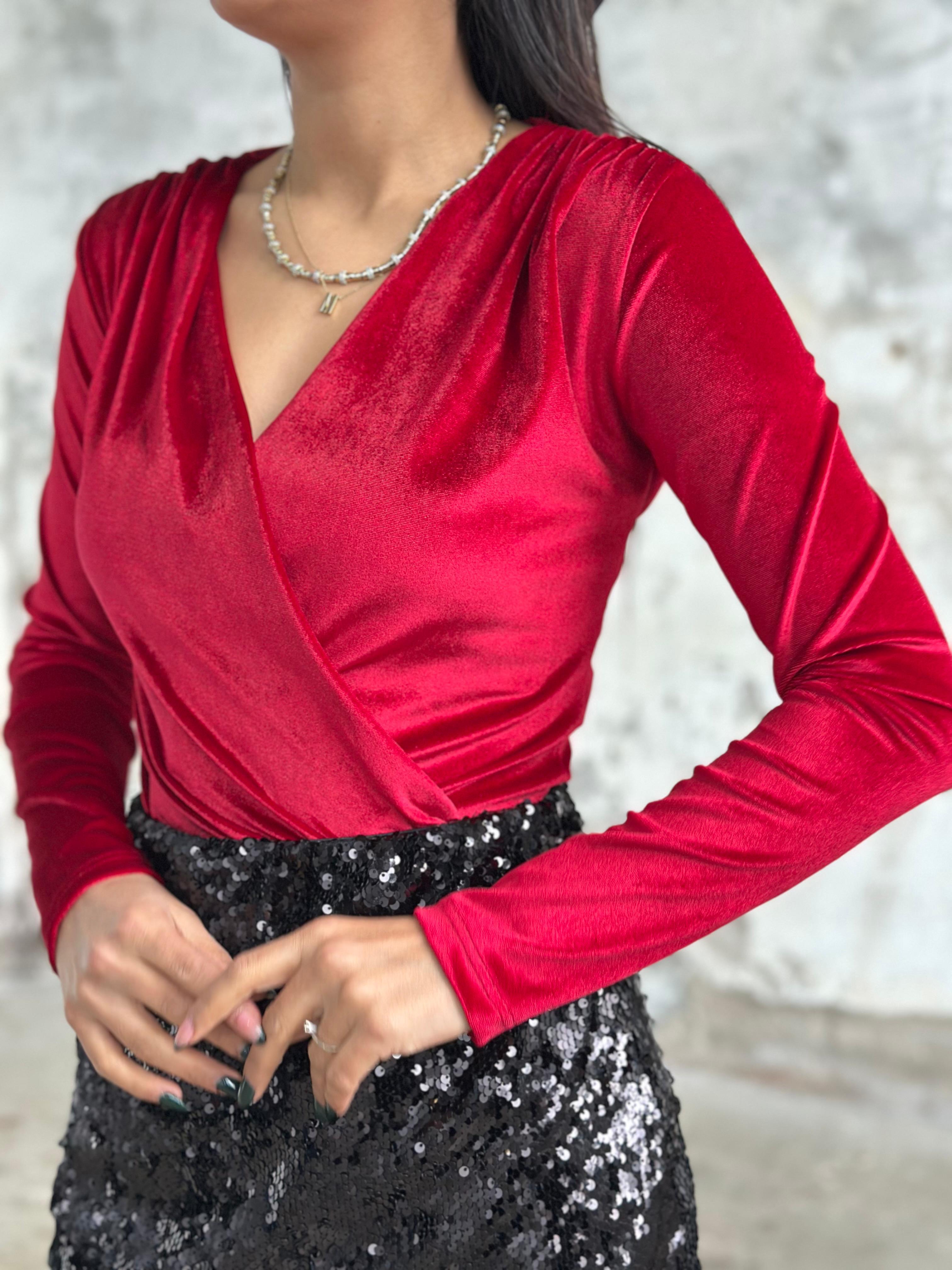 Kruvaze Yaka Kadife Kumaş Bodysuit (Bordo)