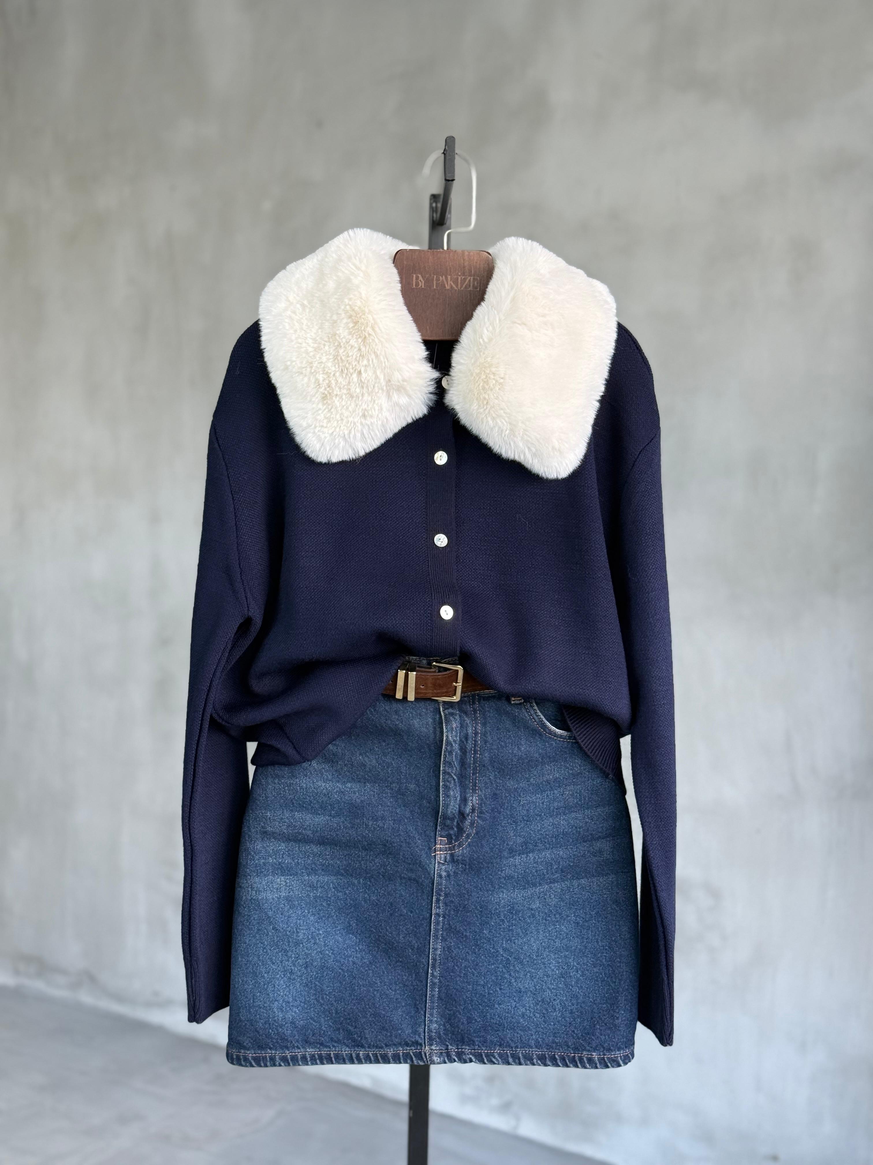 Kürk Yaka Detaylı Hırka (Mavi)