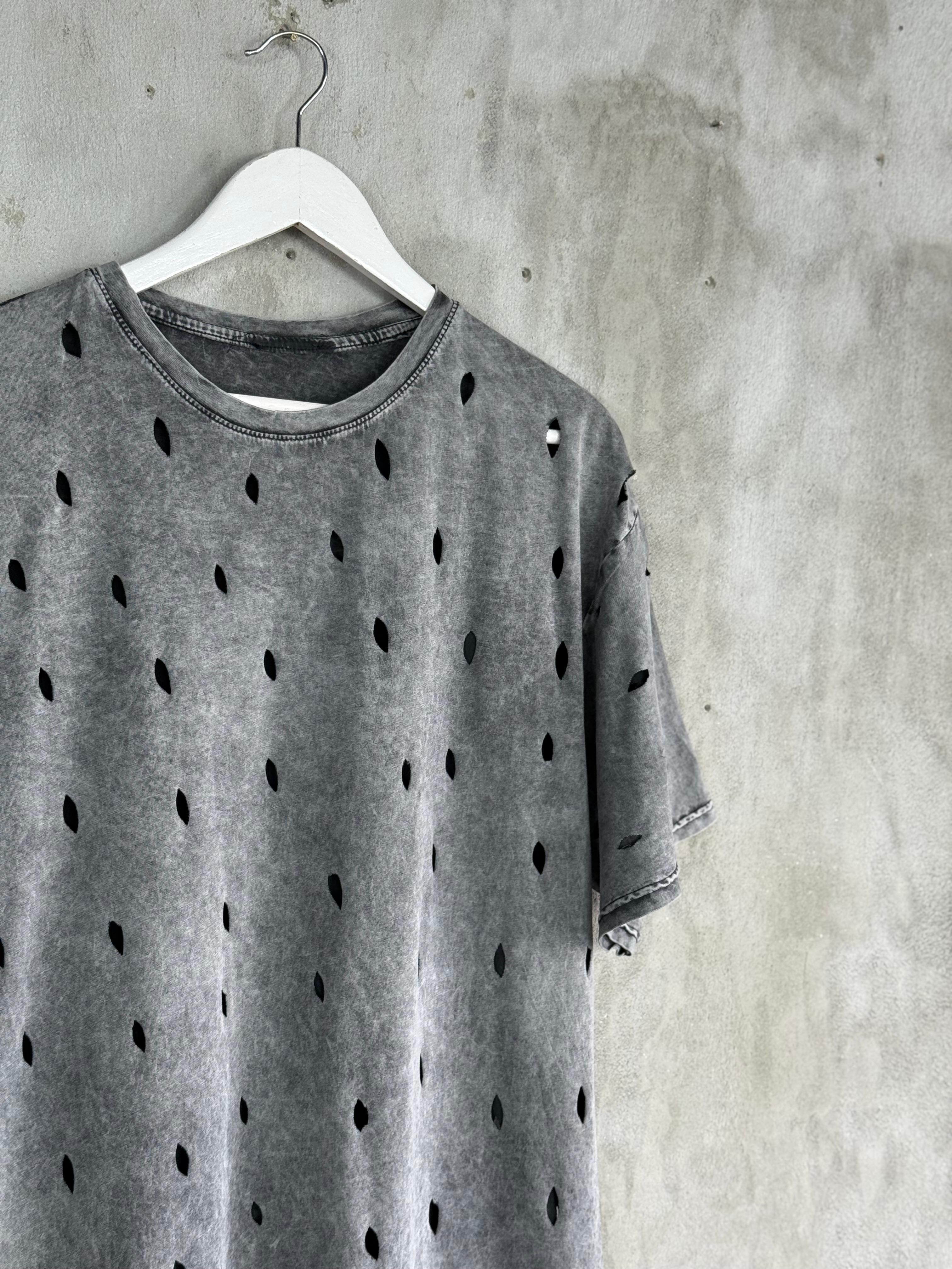 Lazer Kesikli  Oversize Dokuma Tişört (Gri Melanj)