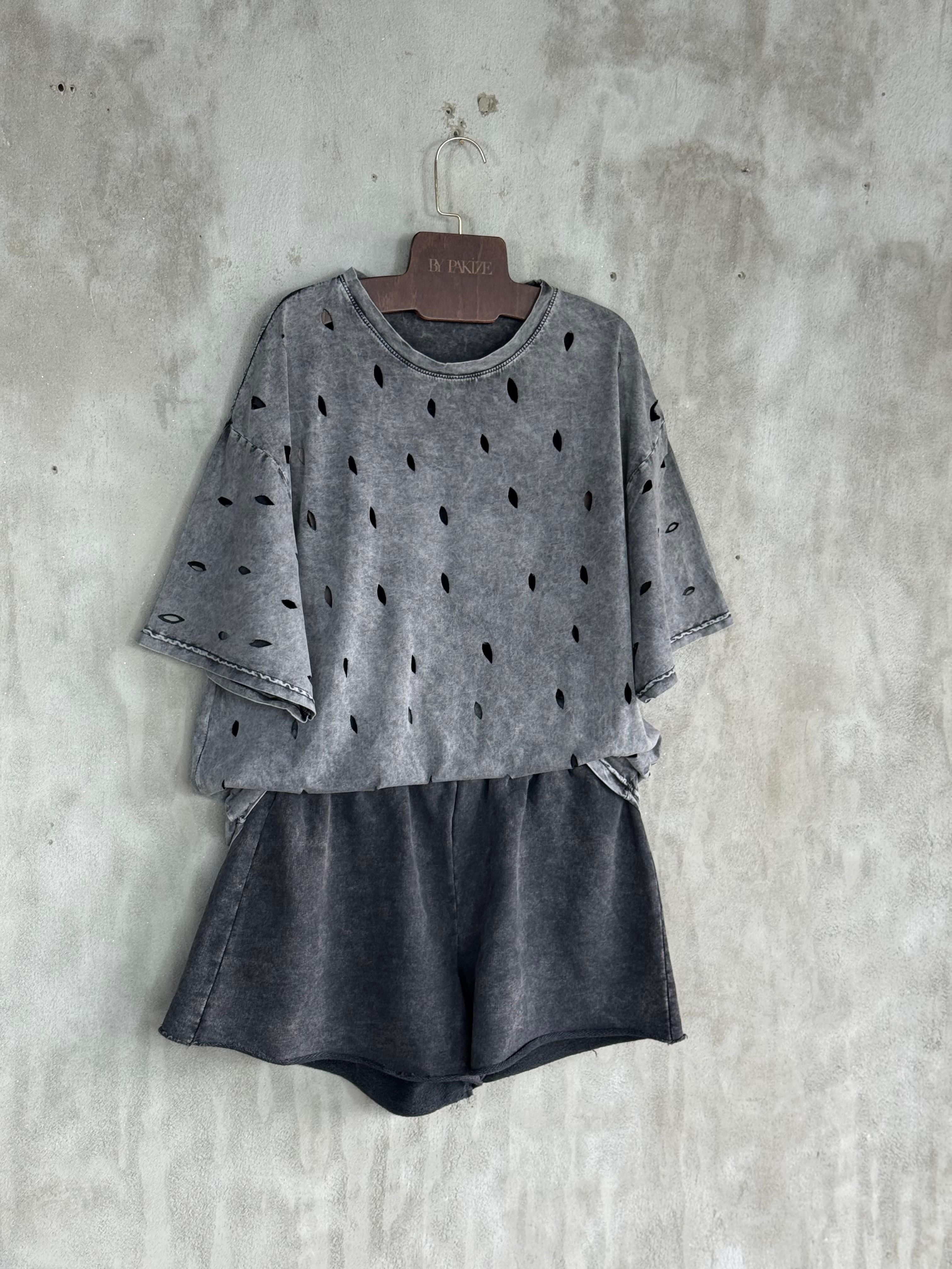 Lazer Kesikli  Oversize Dokuma Tişört (Gri Melanj)