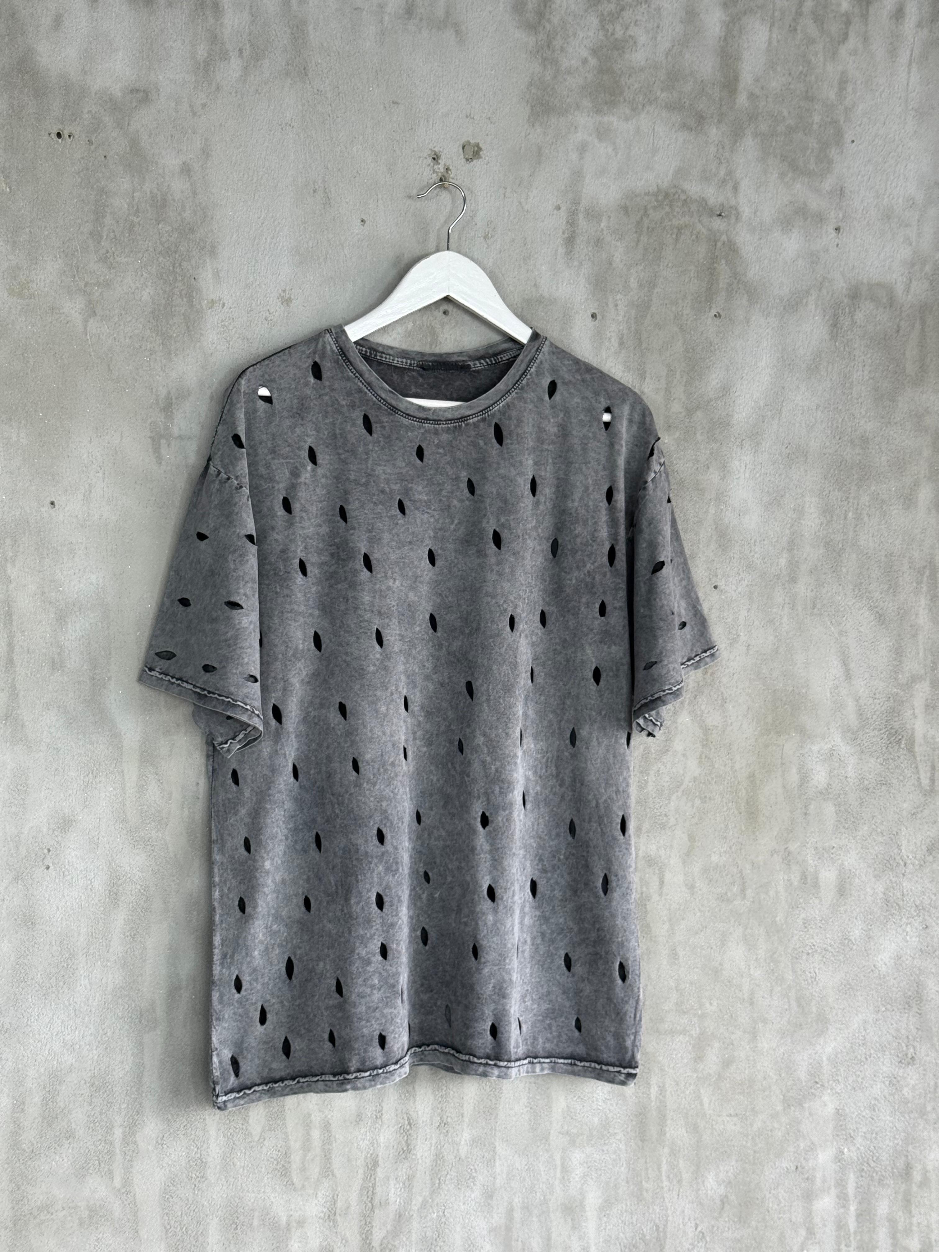 Lazer Kesikli  Oversize Dokuma Tişört (Gri Melanj)