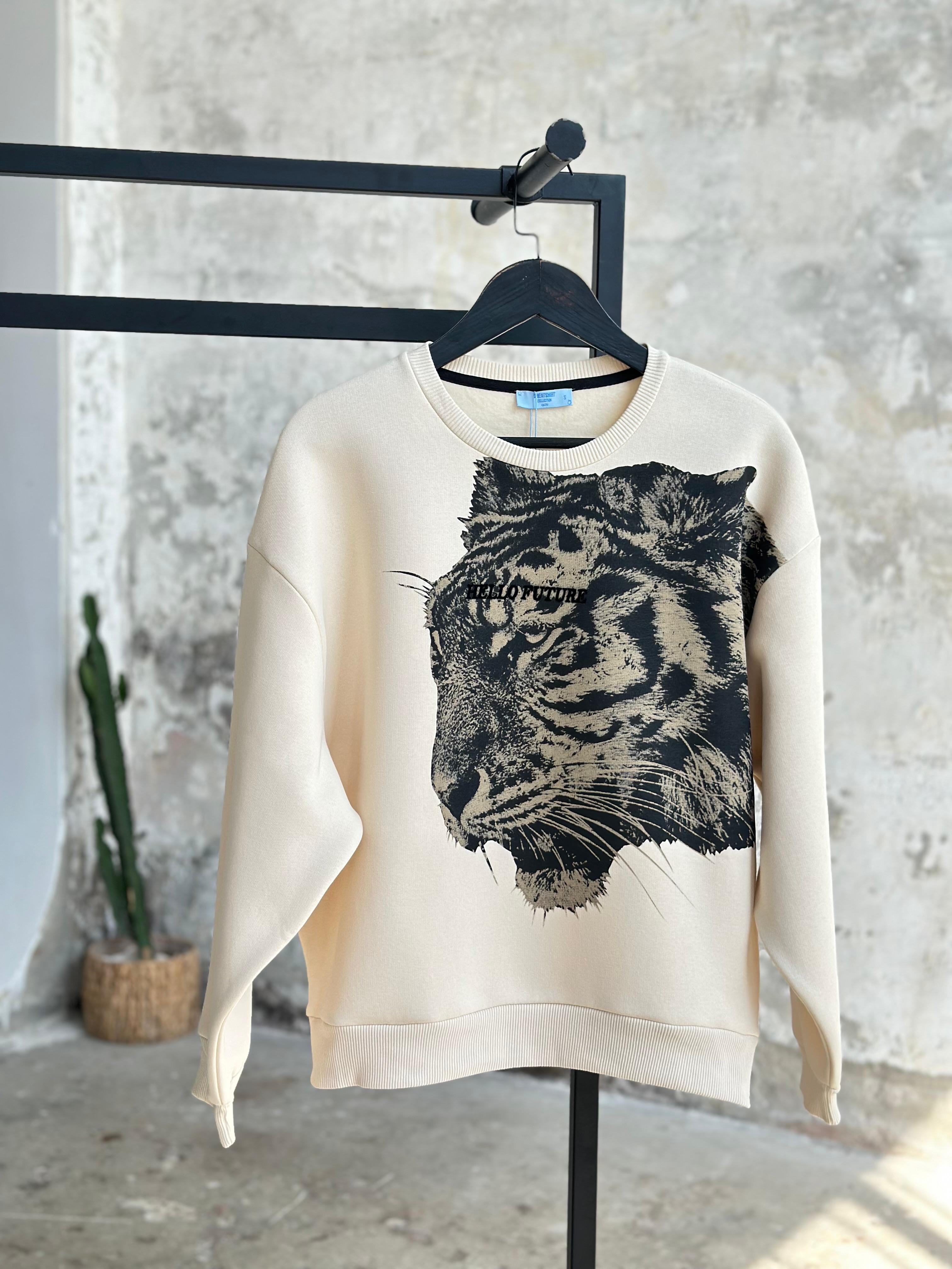 Leopar Desen Kadife Yazı Baskılı Sweat (Bej)