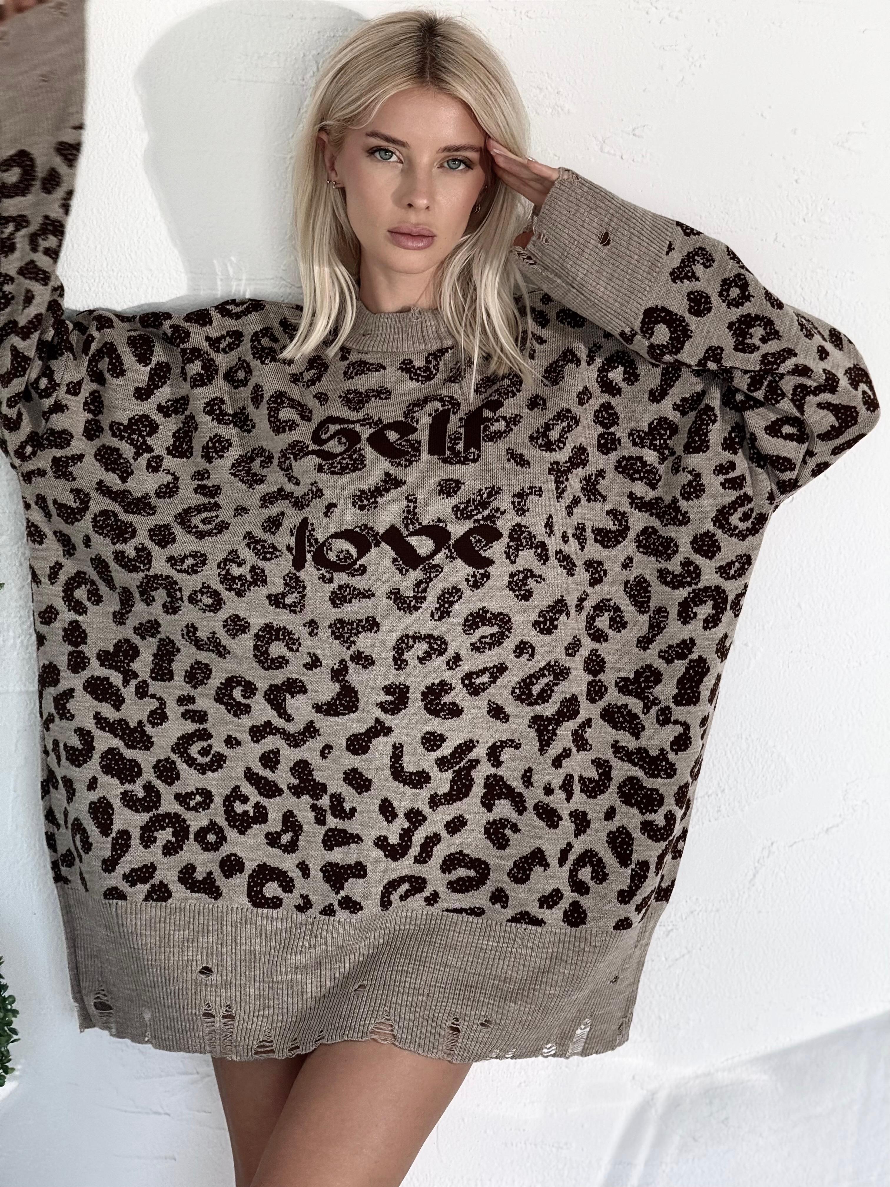 Leopar Desen Yırtık Detaylı Triko Kazak (Kahve)
