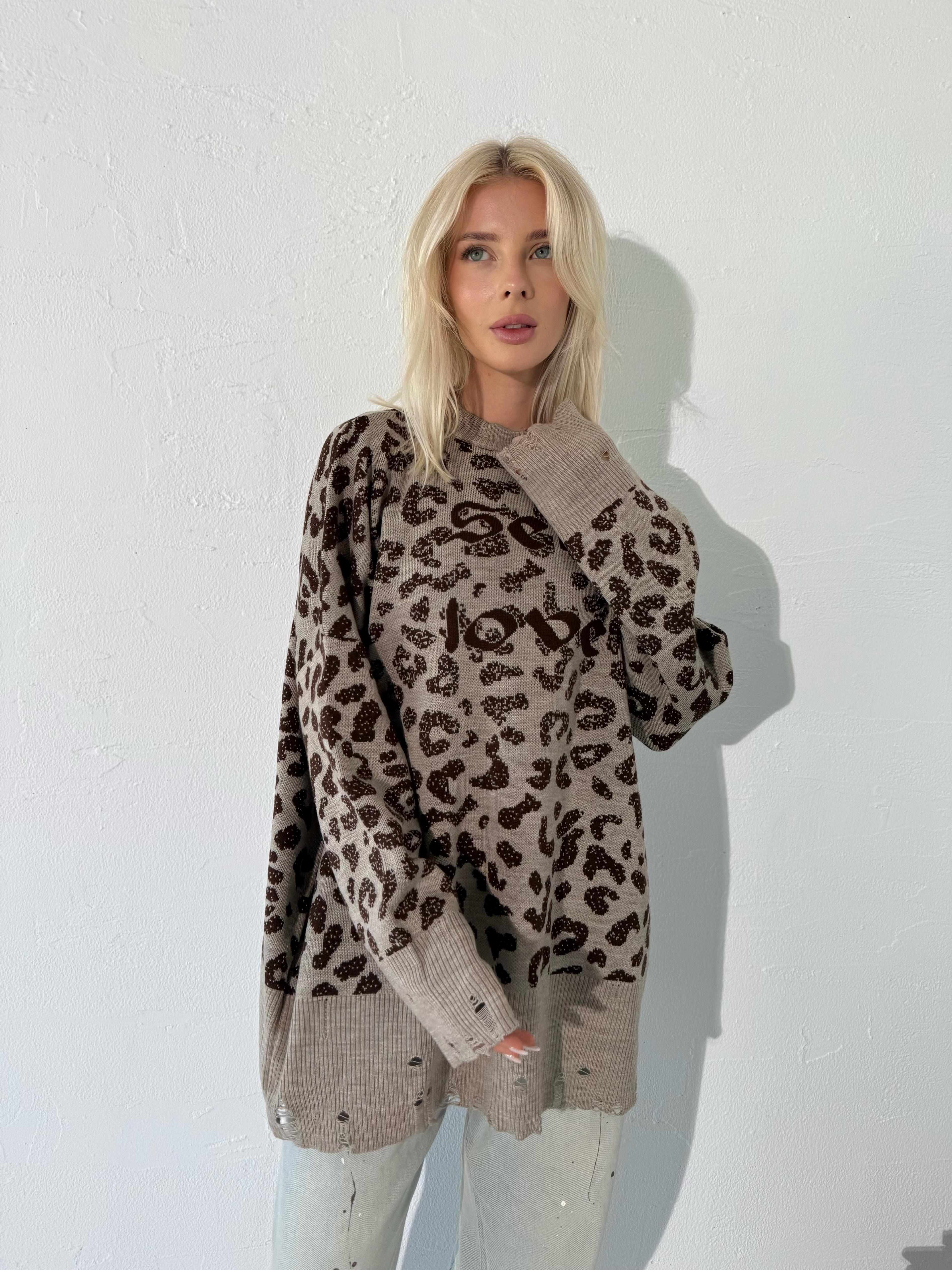 Leopar Desen Yırtık Detaylı Triko Kazak (Kahve)