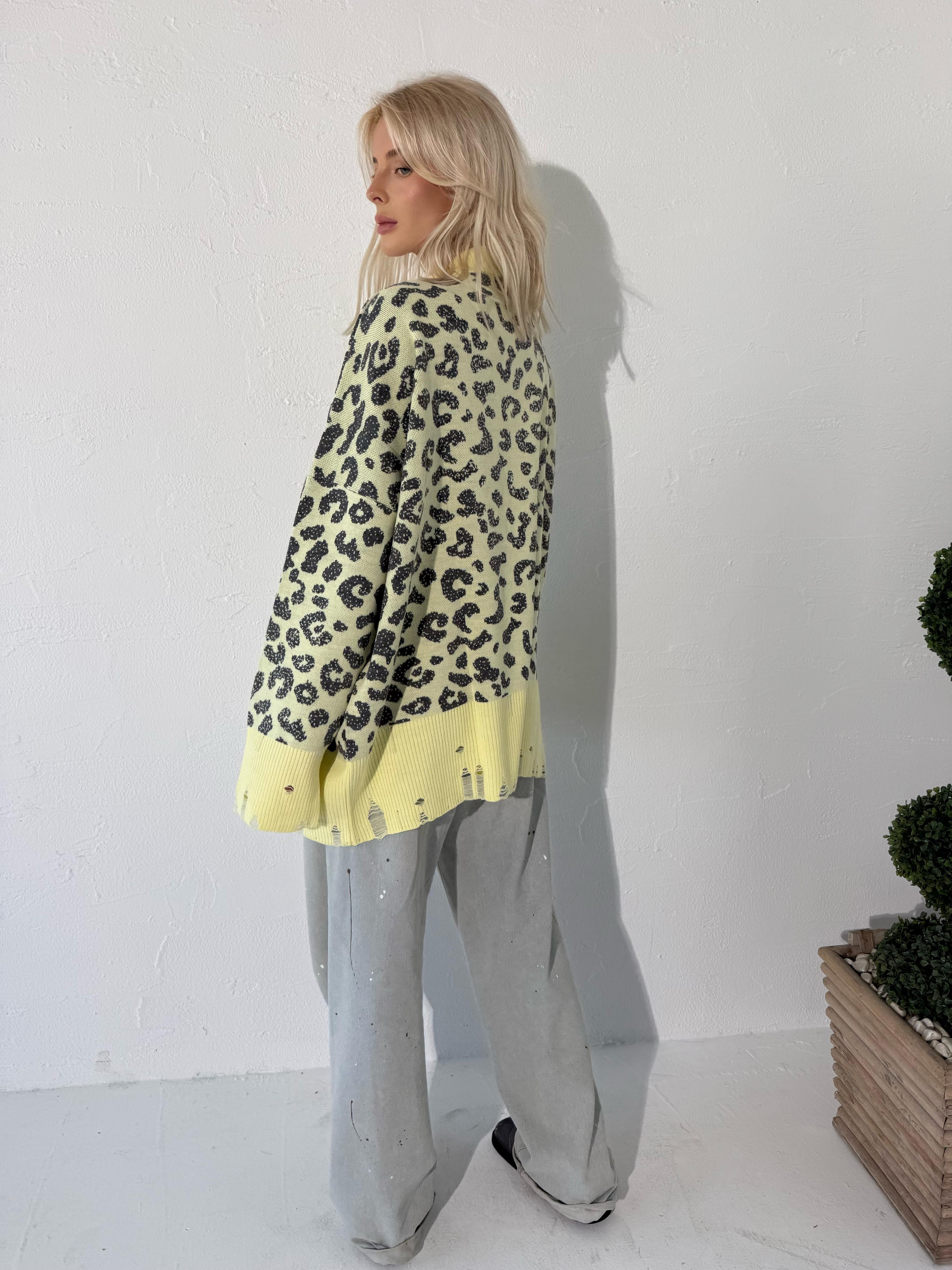 Leopar Desen Yırtık Detaylı Triko Kazak (Sarı)
