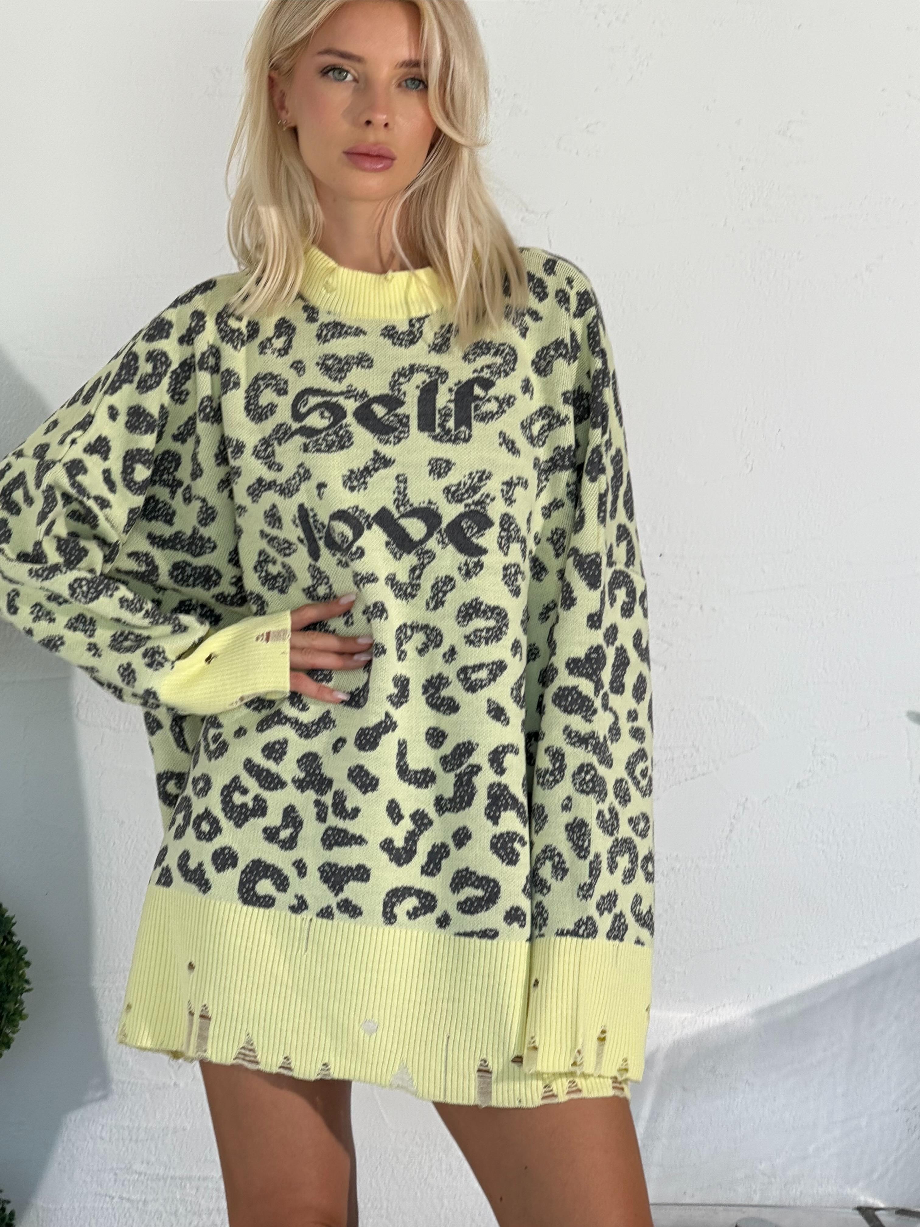 Leopar Desen Yırtık Detaylı Triko Kazak (Sarı)