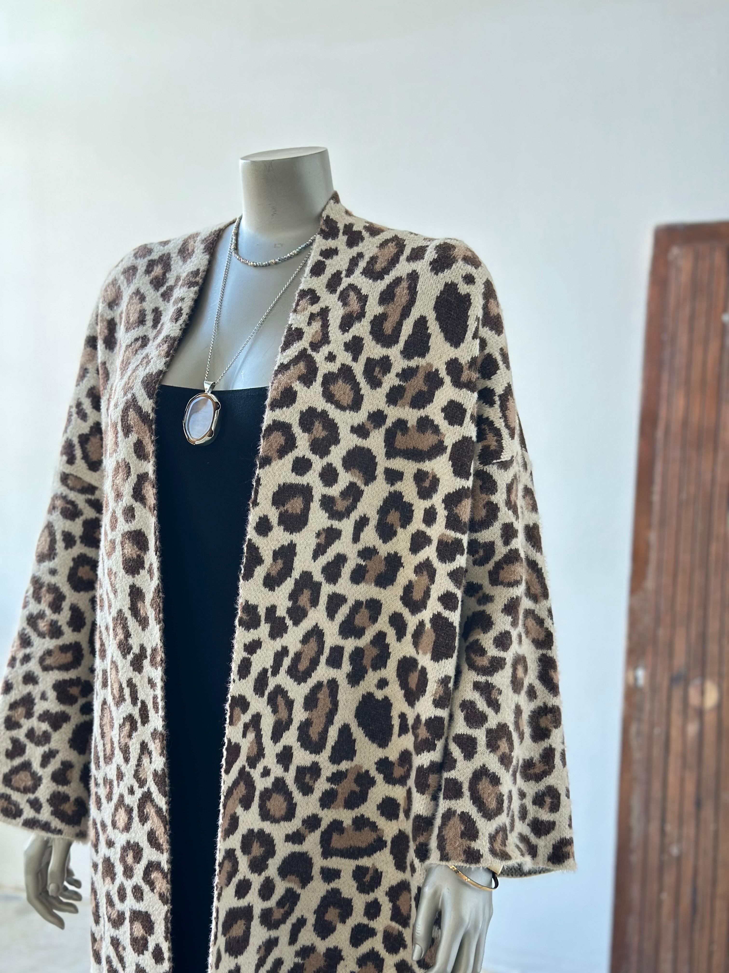Leopar Desenli Angora Maxsi Boy Hırka (Kahve) 