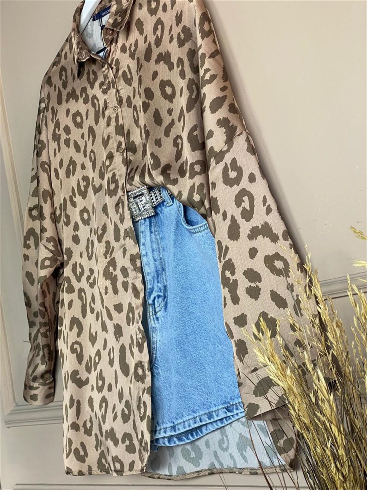 Leopar Desenli Saten Gömlek