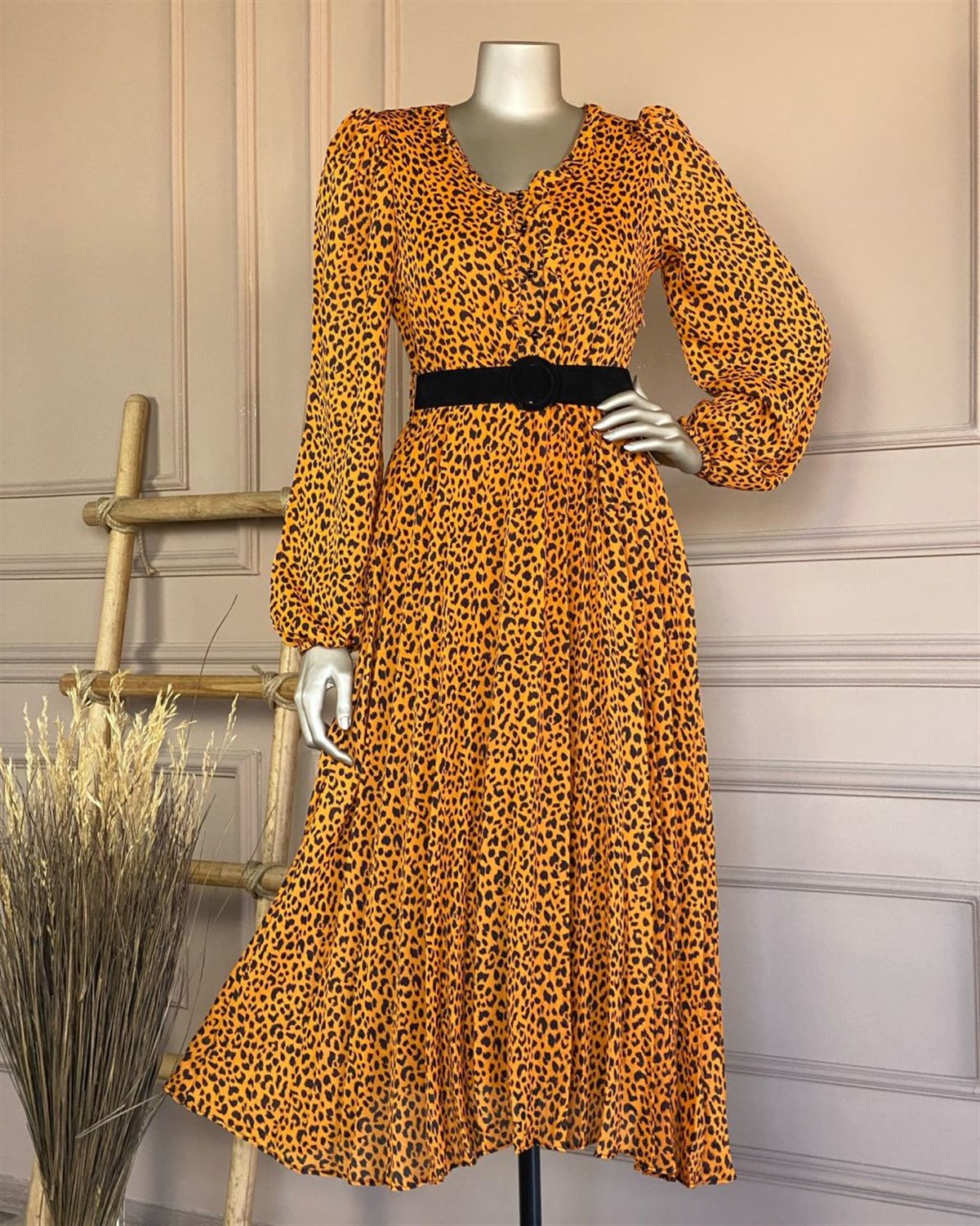 Leopar Desenli Şifon Elbise