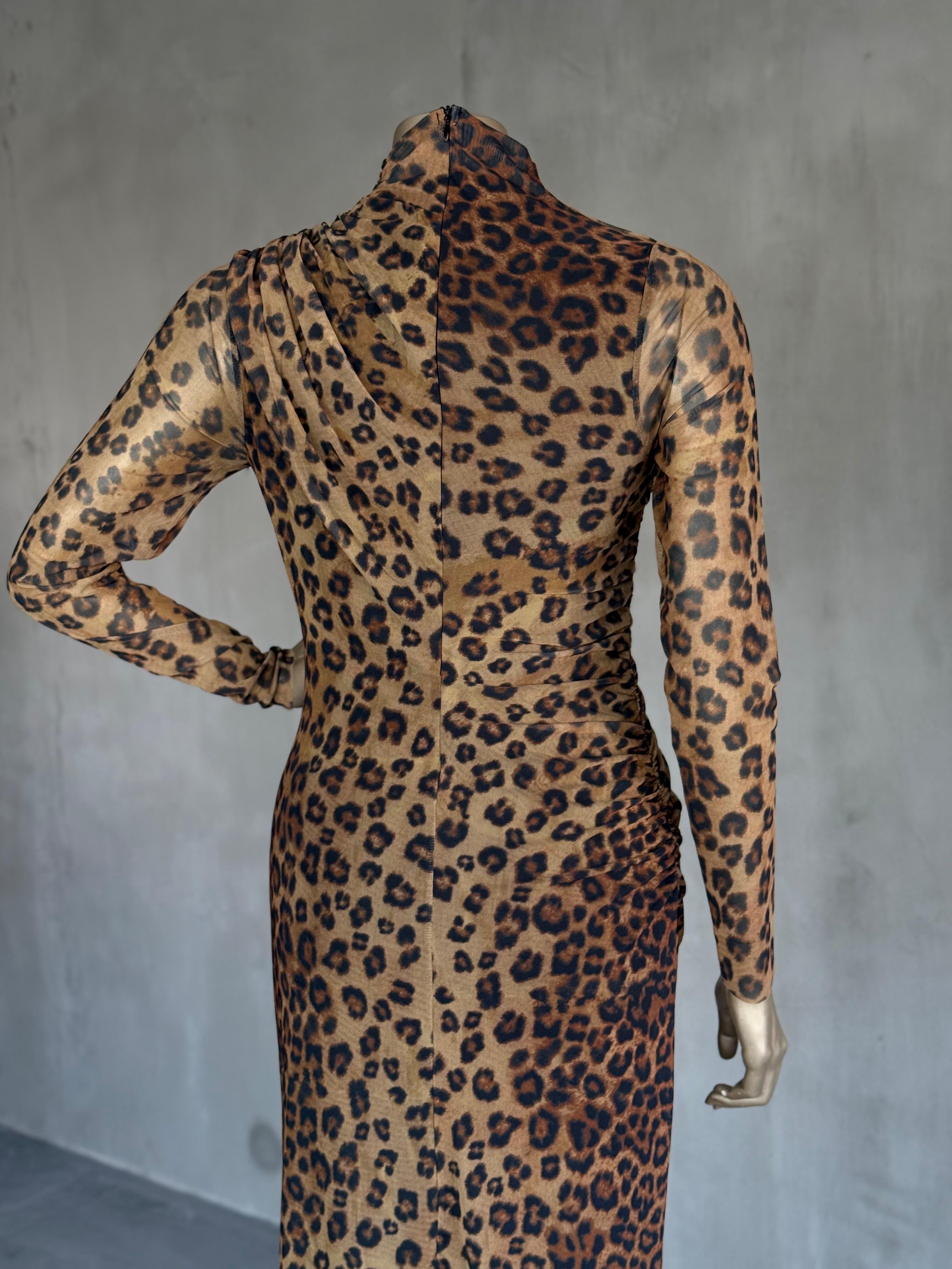 Leopar Dik Yaka Tül Drapeli Elbise (Kahve)