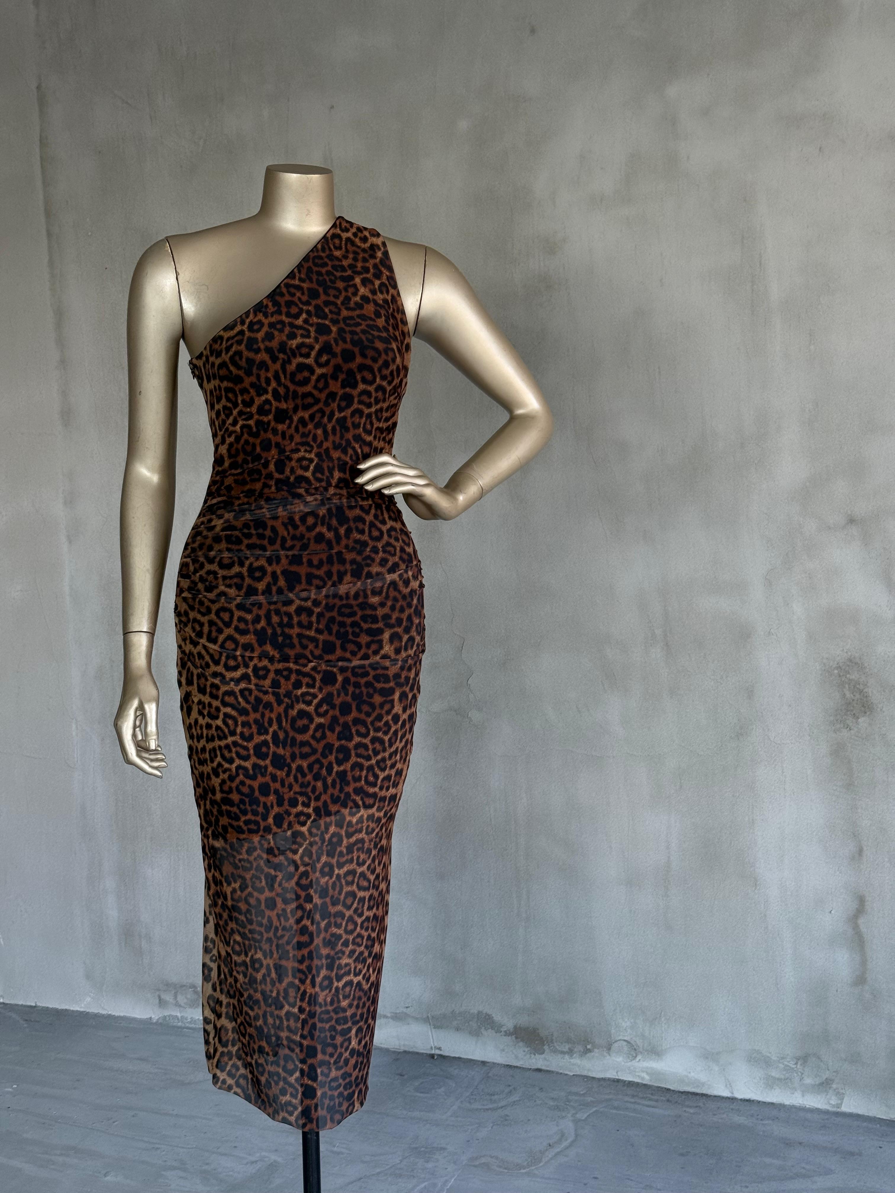 Leopar Tek Omuz Uzun Elbise (Leopar)
