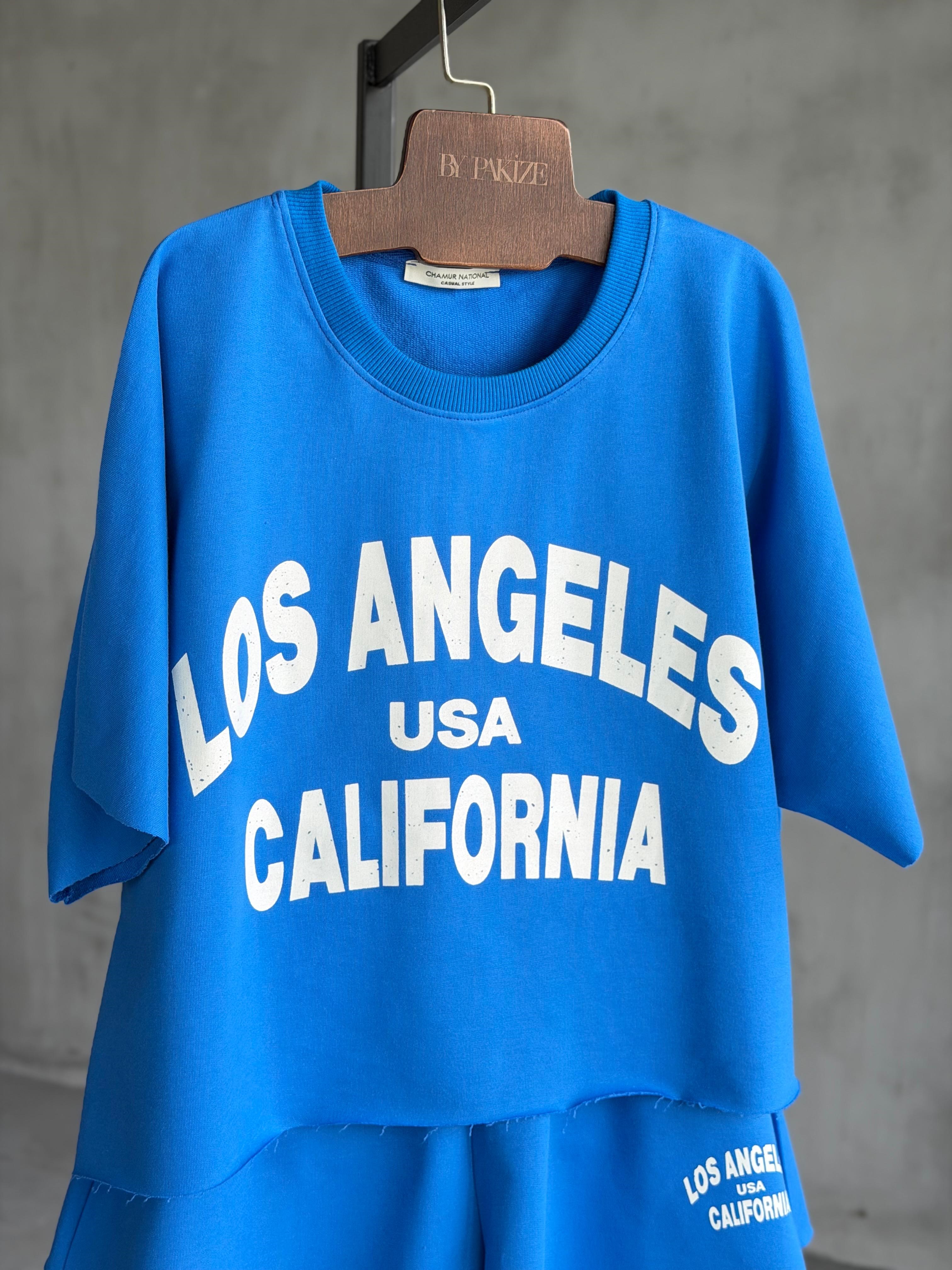 Los Angeles Yazı Baskılı Taş Yıkamalı Oversize Takım (Saks)