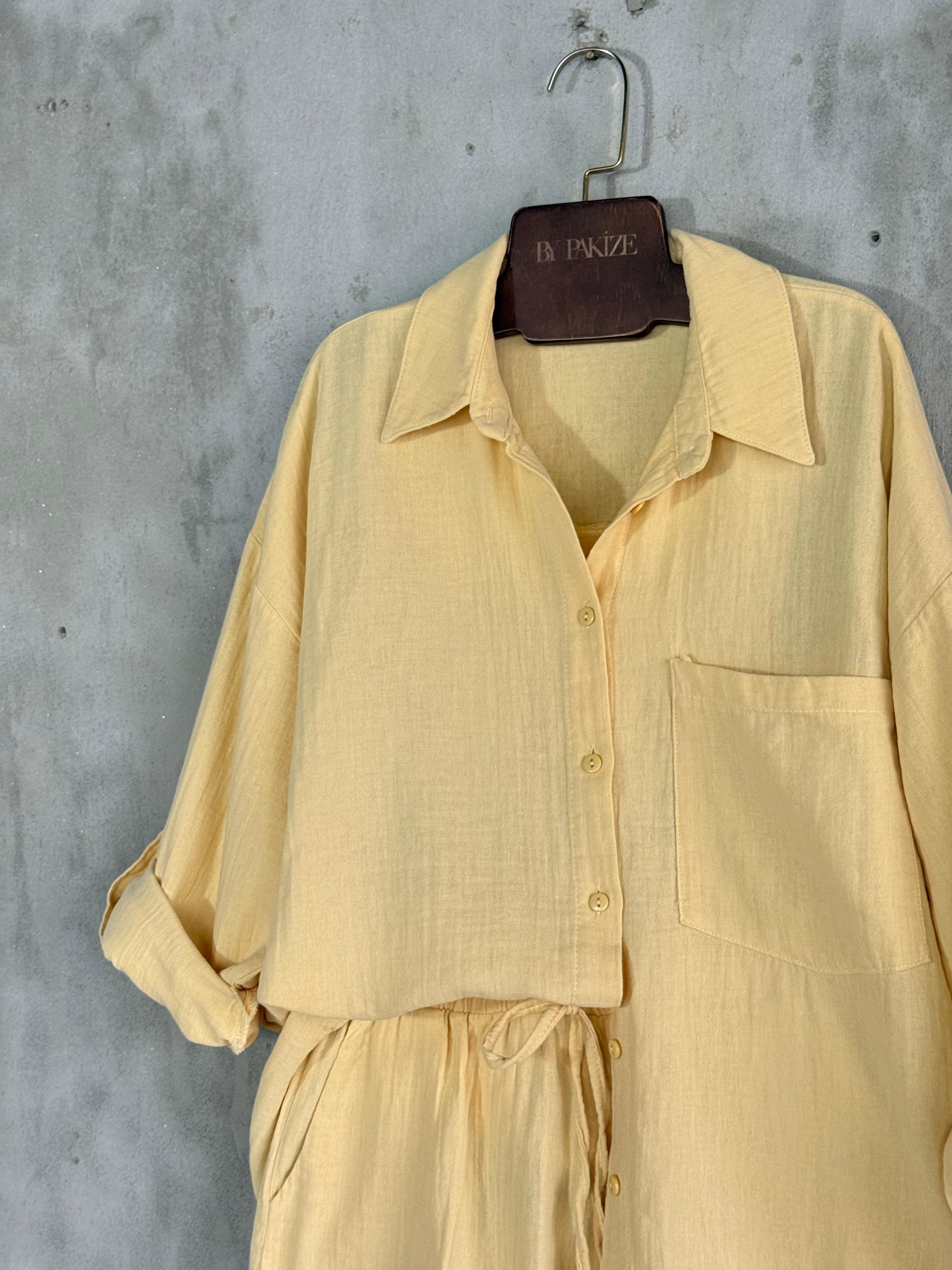 Lüks Kaliteli Müslin Kumaş Oversize Gömlekli Takım (Sarı)
