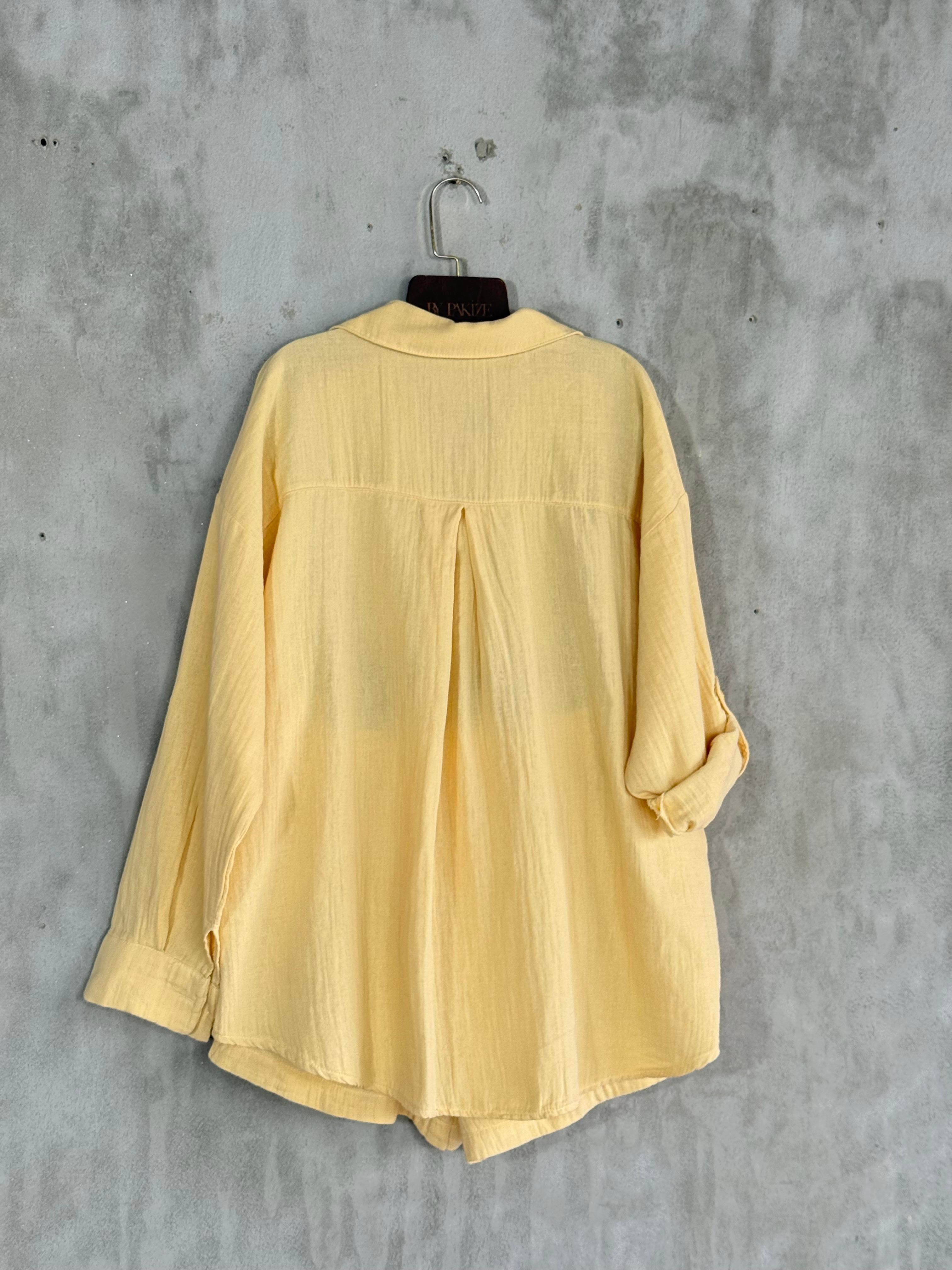Lüks Kaliteli Müslin Kumaş Oversize Gömlekli Takım (Sarı)