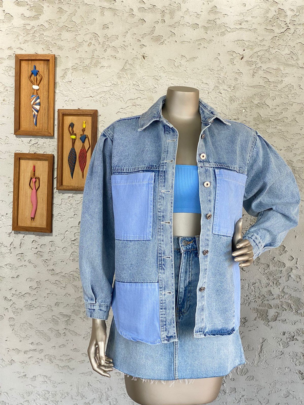 Mavi Cep Ve Şerit Detay Tasarım Denim Gömlek Ceket