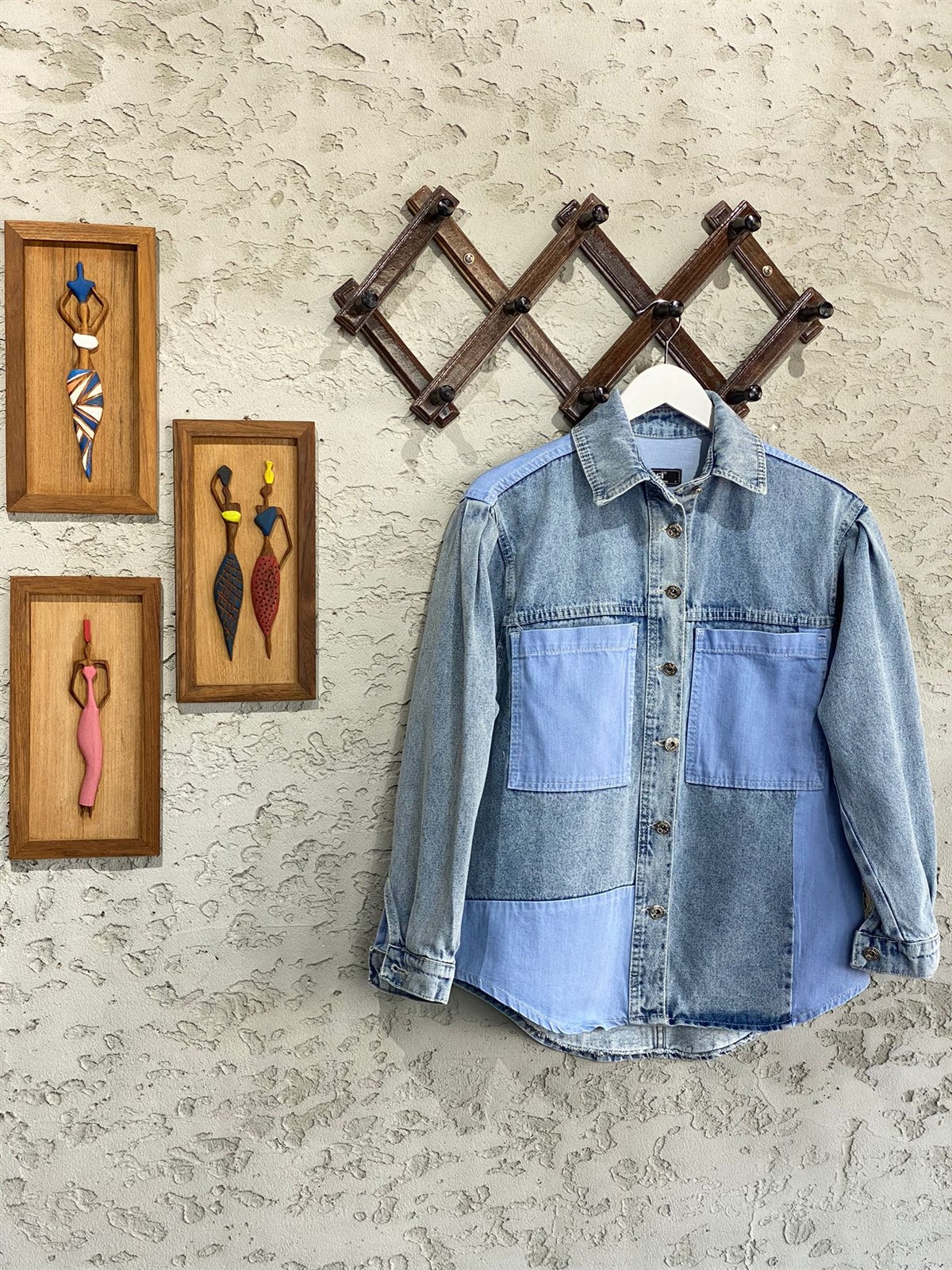 Mavi Cep Ve Şerit Detay Tasarım Denim Gömlek Ceket