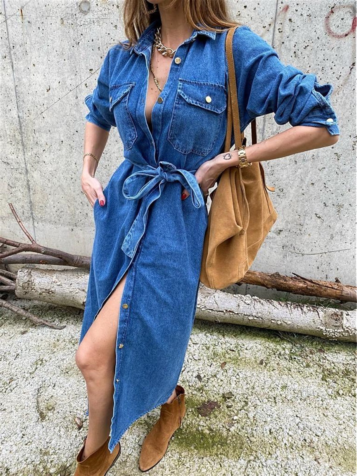 Mavi Denim Cepli Ve Kuşak Detay Tasarım Jean Elbise