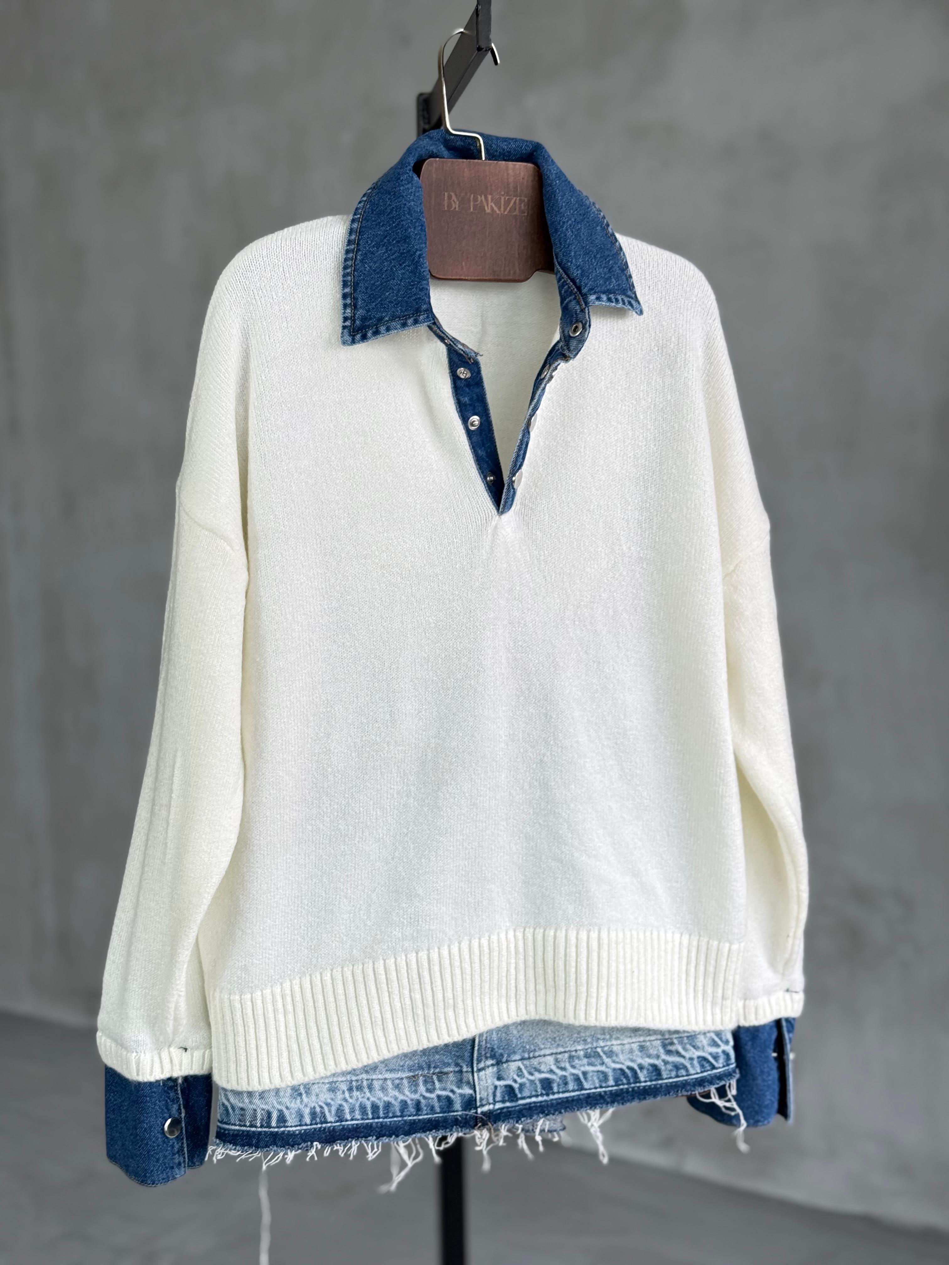 Mavi Denim Yakalı Yumoş Kazak (Beyaz)