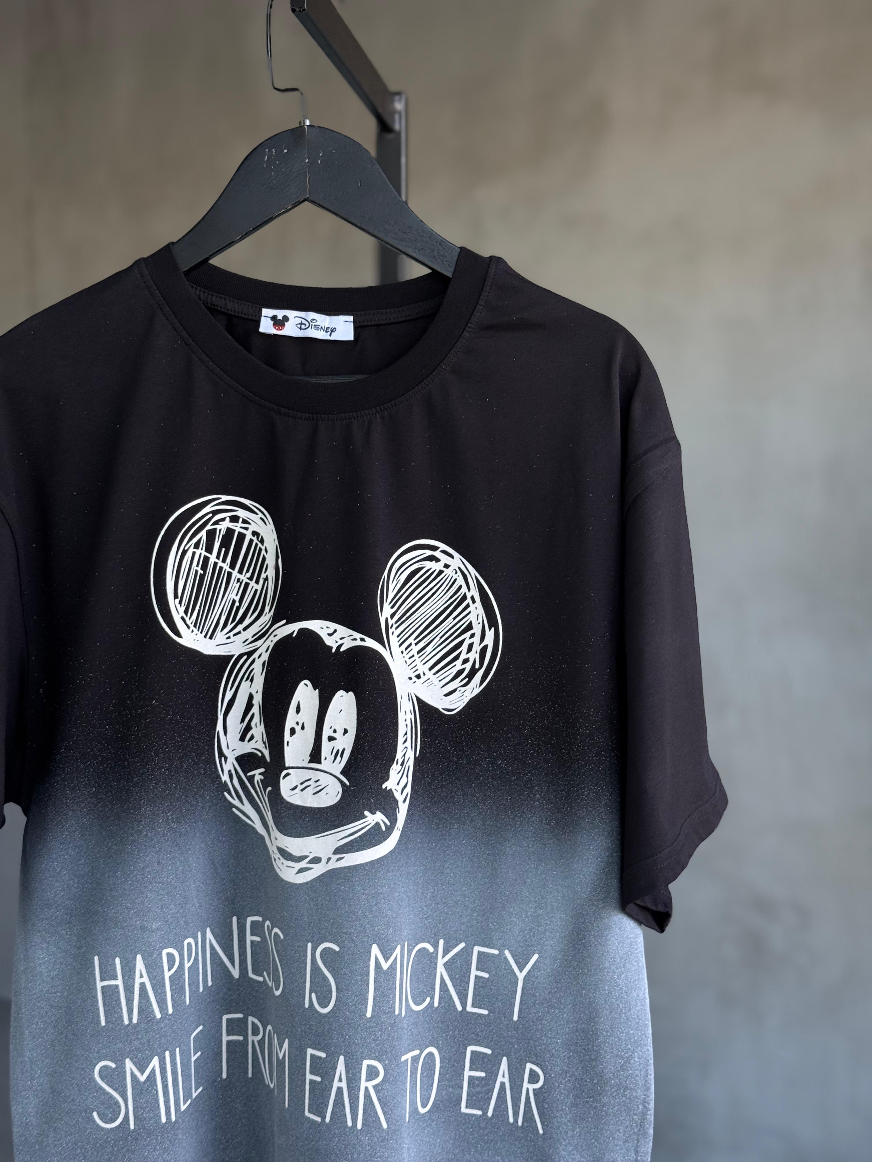 Mickey Baskılı Batik Desen Oversize Dokuma Tişört (Siyah)