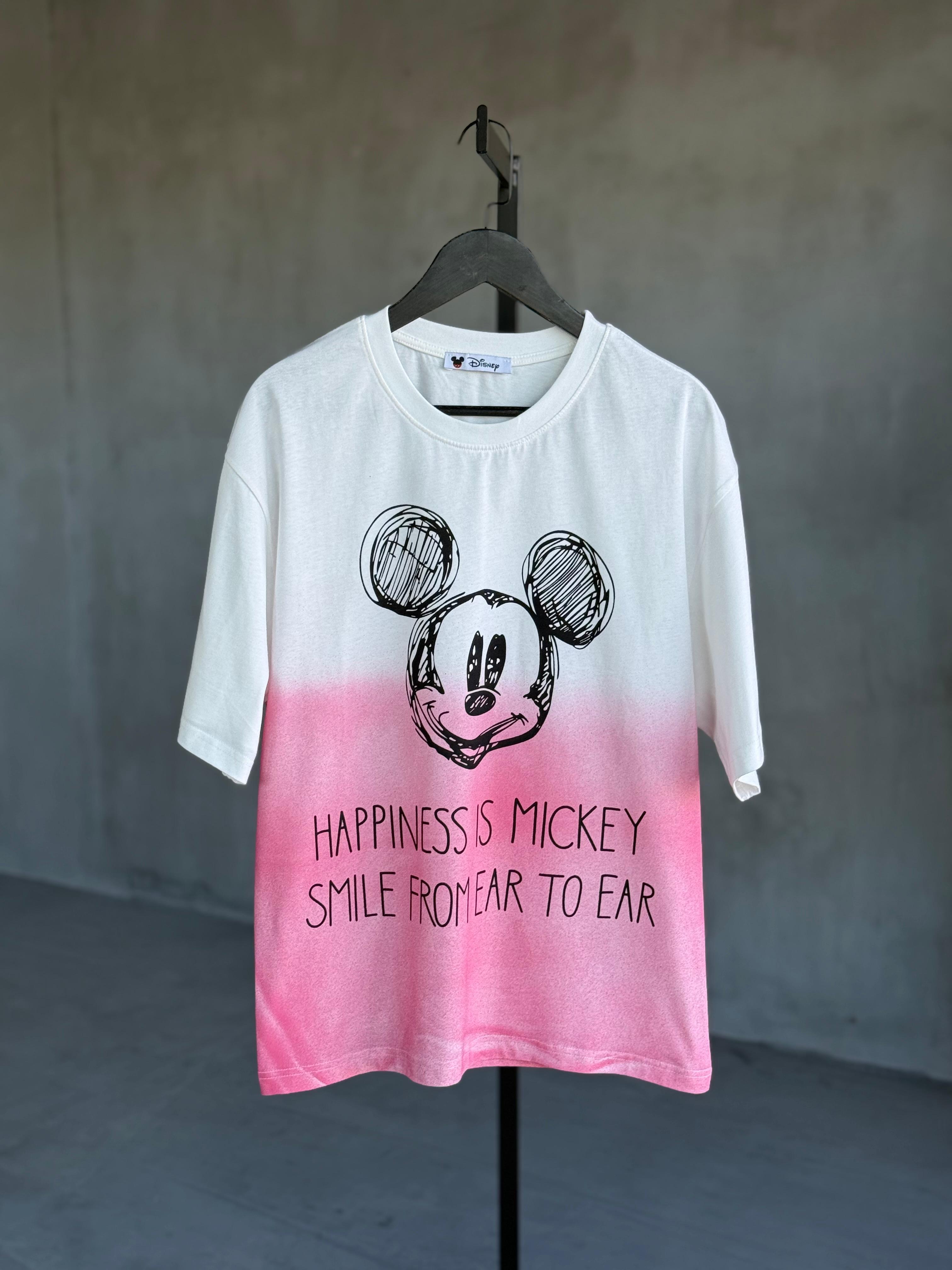 Mickey Baskılı Batik Desen Oversize Dokuma Tişört (Beyaz)