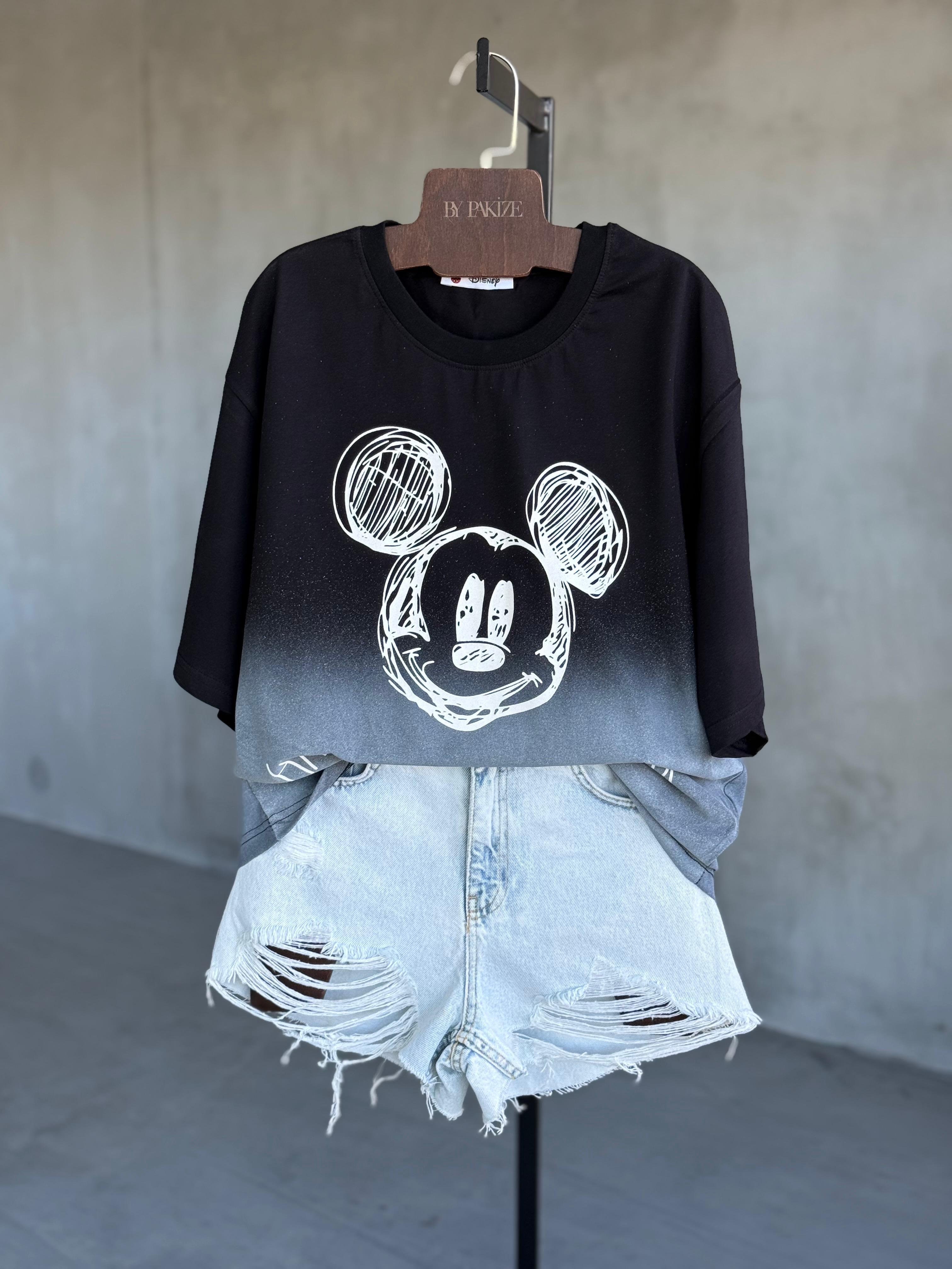 Mickey Baskılı Batik Desen Oversize Dokuma Tişört (Siyah)