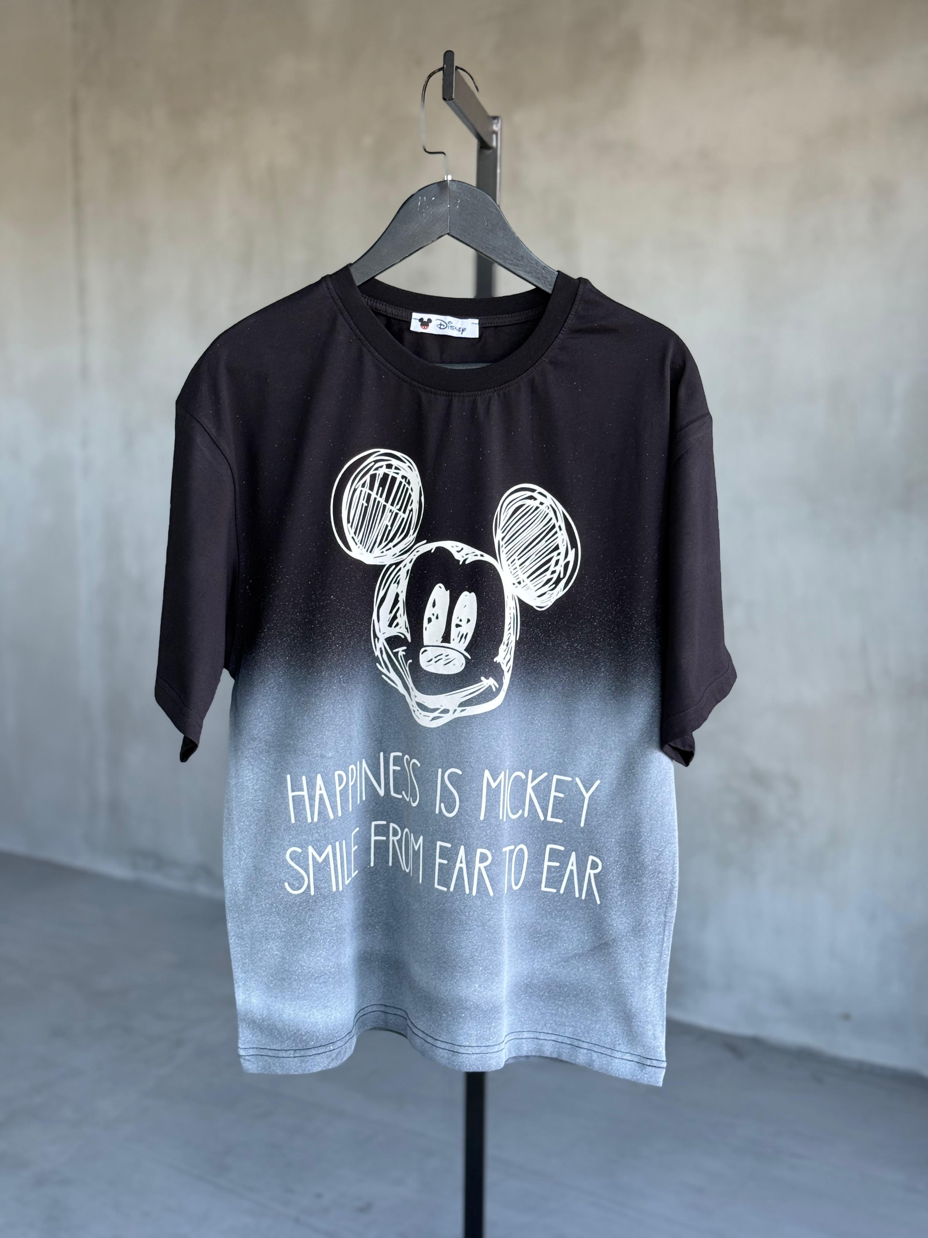 Mickey Baskılı Batik Desen Oversize Dokuma Tişört (Siyah)