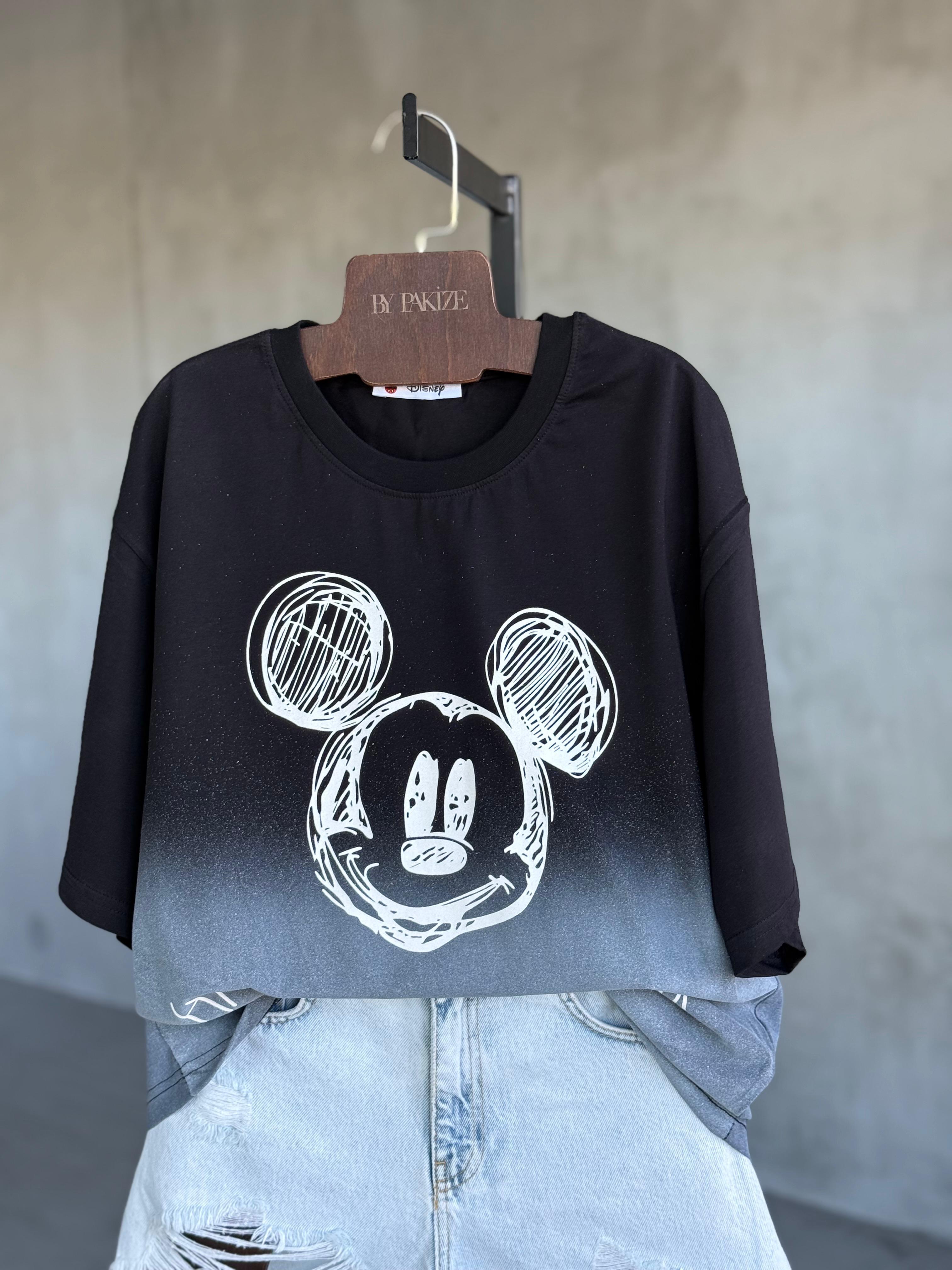 Mickey Baskılı Batik Desen Oversize Dokuma Tişört (Siyah)