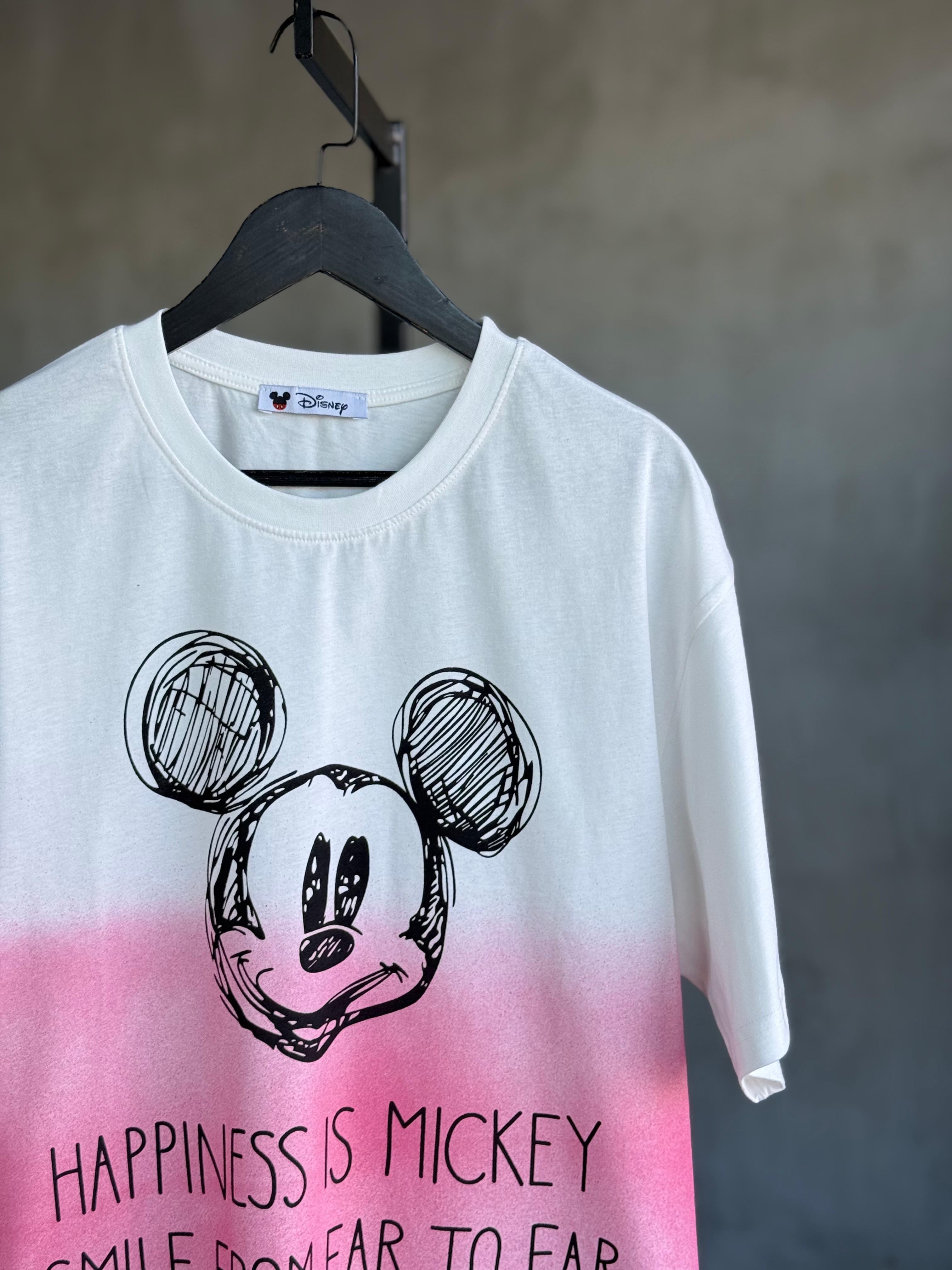 Mickey Baskılı Batik Desen Oversize Dokuma Tişört (Beyaz)