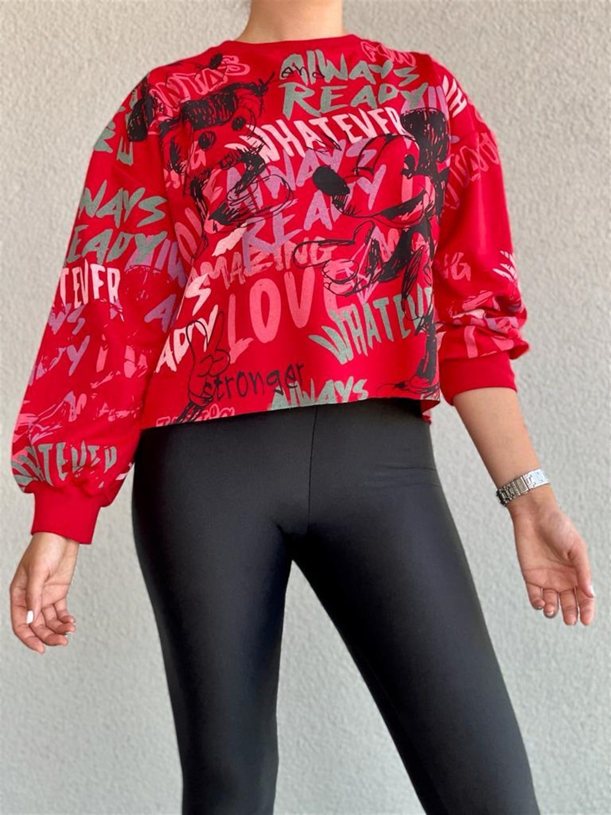 Mickey Baskılı Yazı Detaylı Sweat (Ekru&Kırmızı)