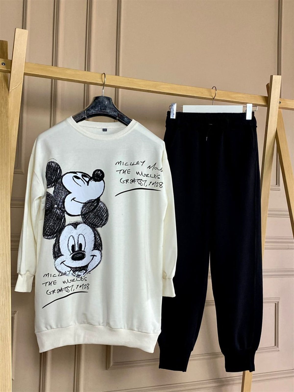 Mickey Baskılı Yazı Detaylı Tunik Sweat (Beyaz)