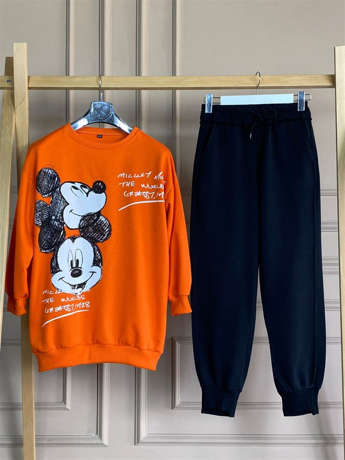 Mickey Baskılı Yazı Detaylı Tunik Sweat (Oranj)