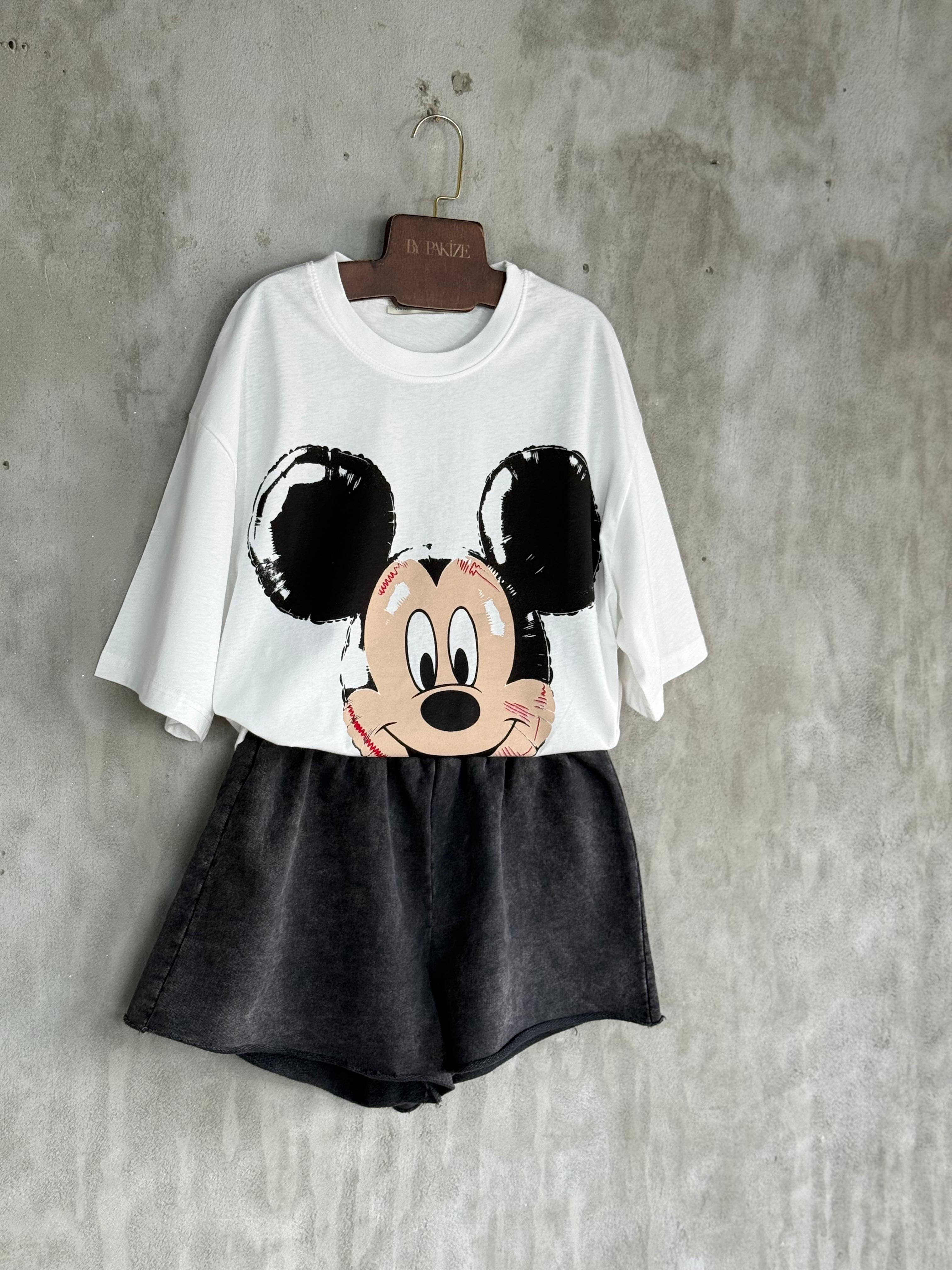 Mickey Mause Baskılı Oversize Tişört (Beyaz)