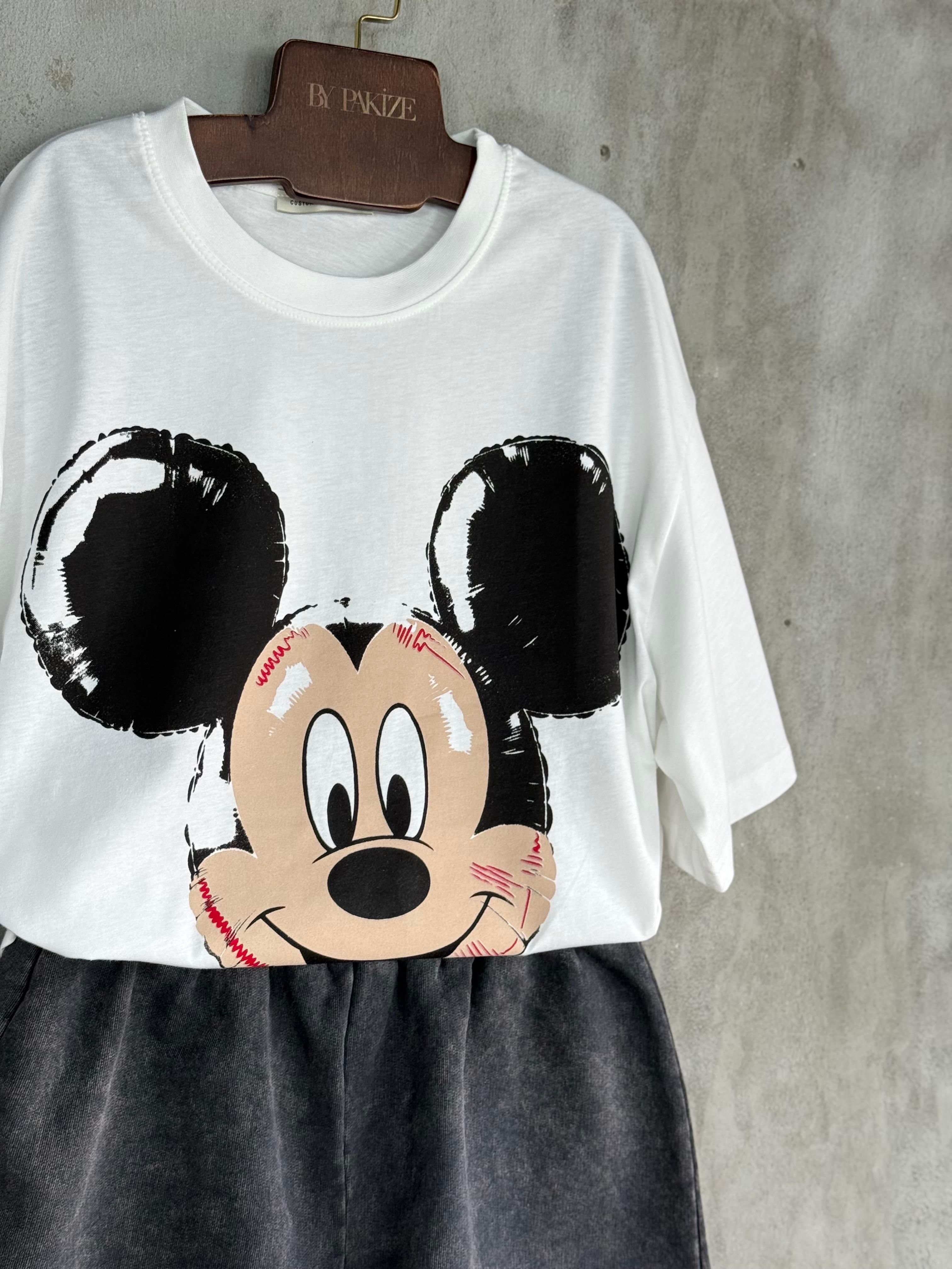 Mickey Mause Baskılı Oversize Tişört (Beyaz)