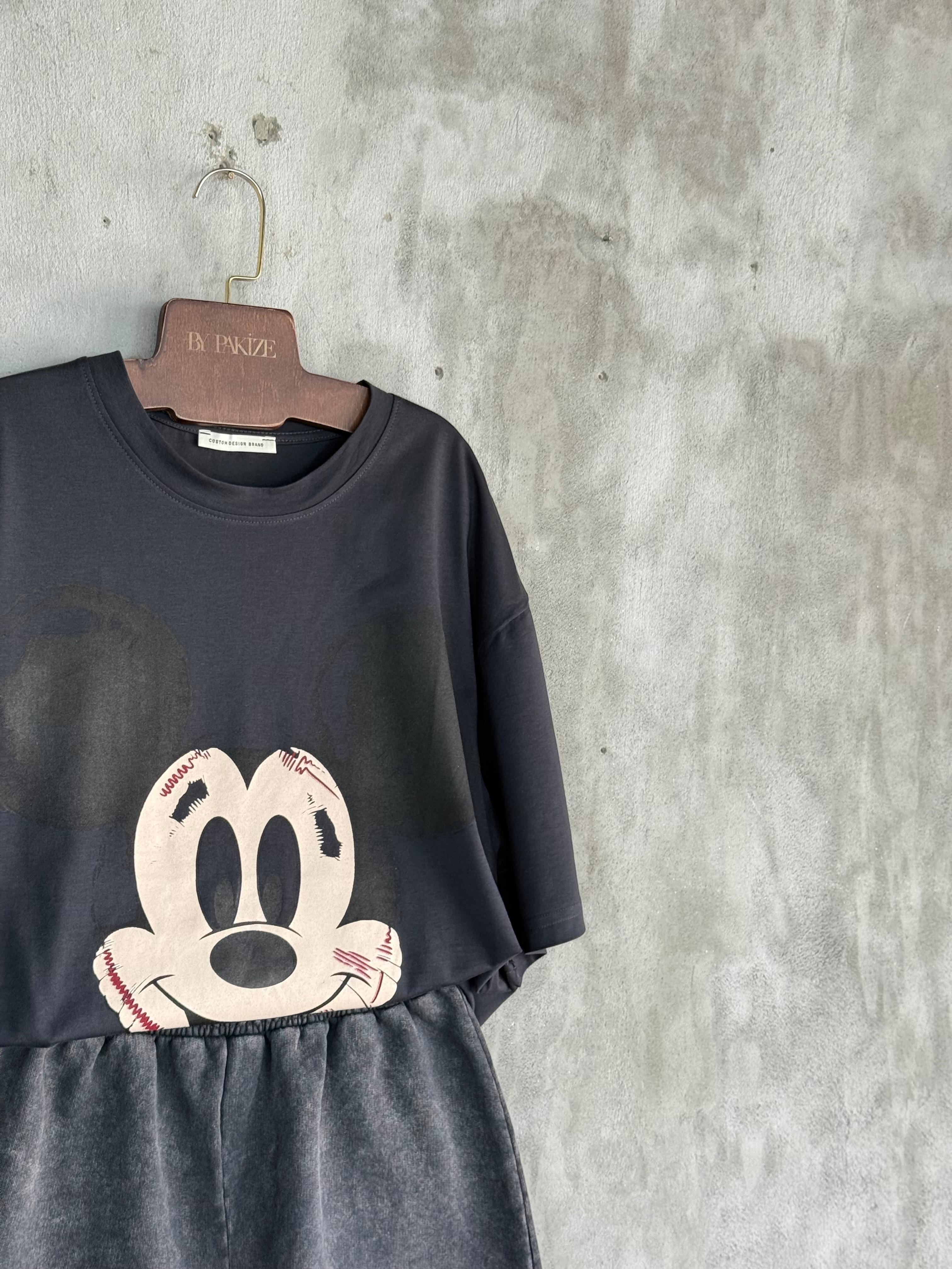 Mickey Mause Baskılı Oversize Tişört (Siyah)