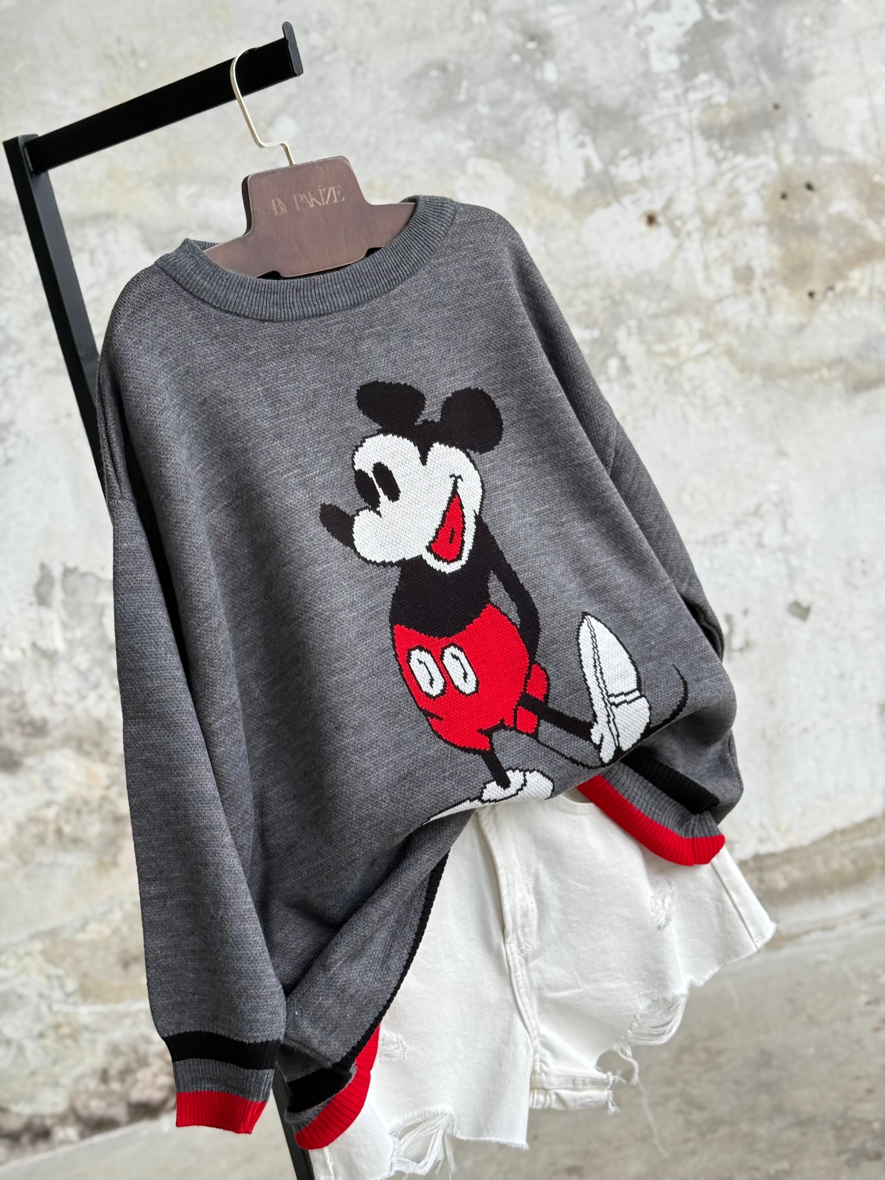 Mickey Mouse Baskılı Oversize Kazak (Antrasit)