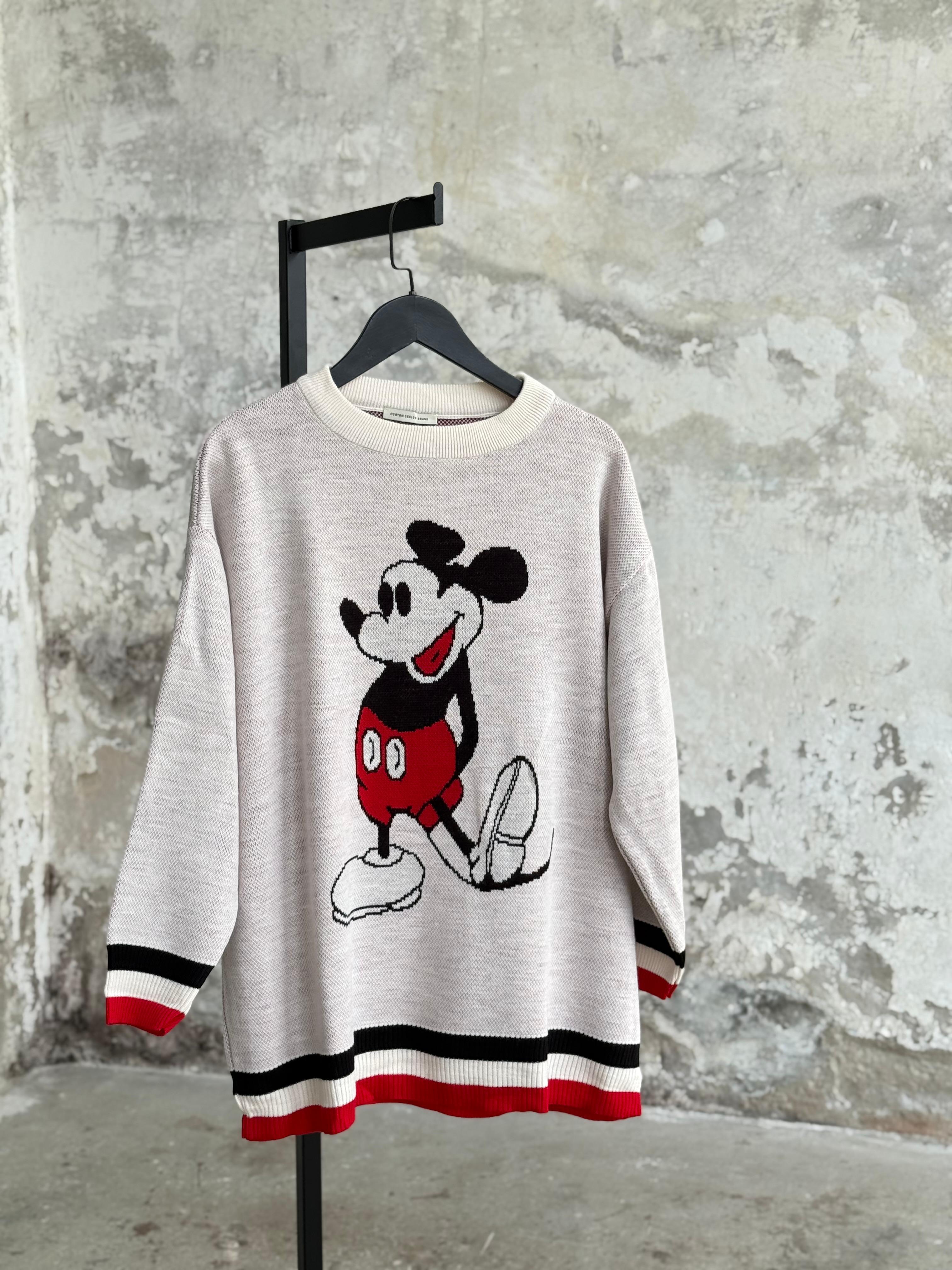 Mickey Mouse Baskılı Oversize Kazak (Ekru)