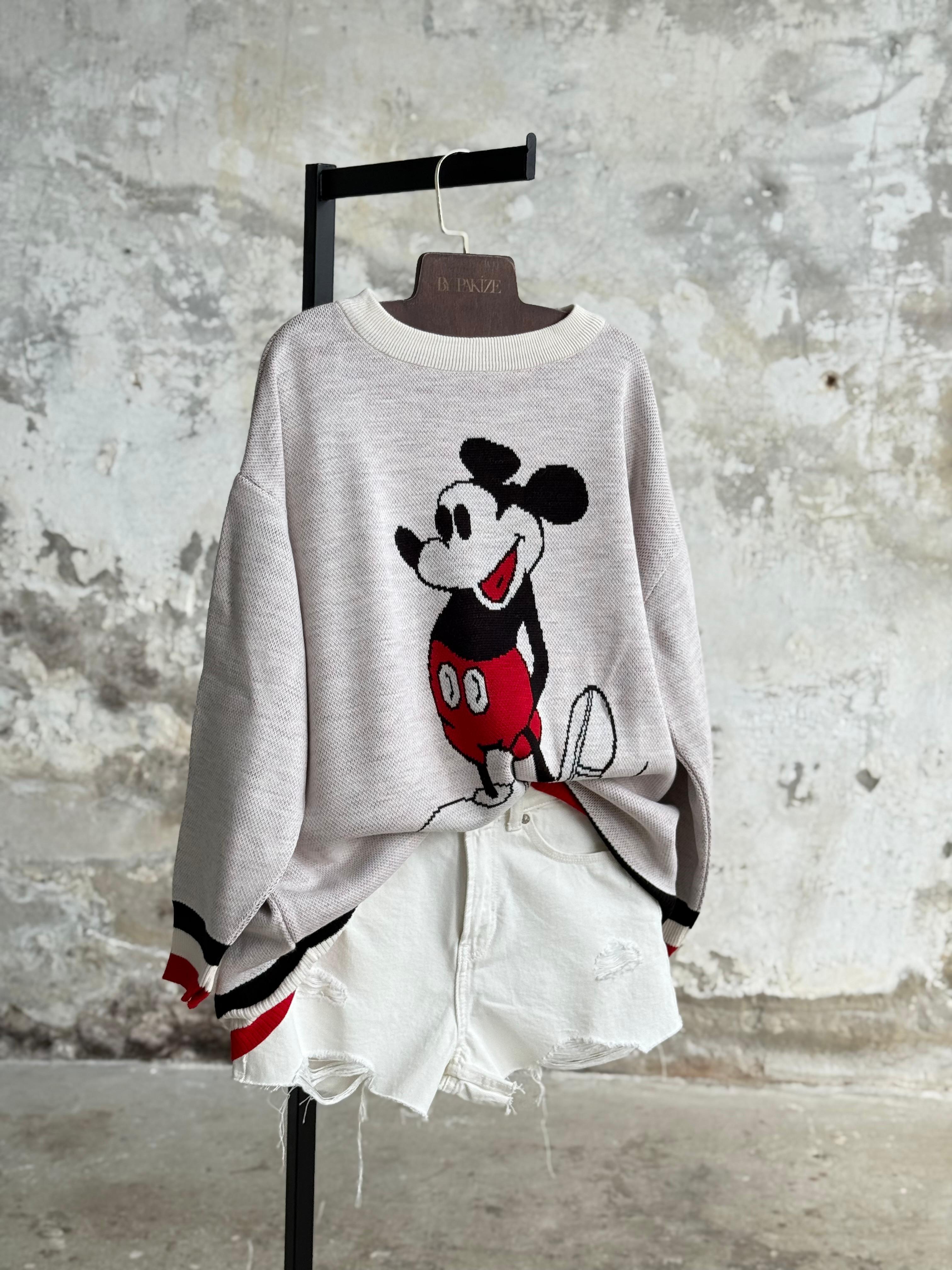Mickey Mouse Baskılı Oversize Kazak (Ekru)