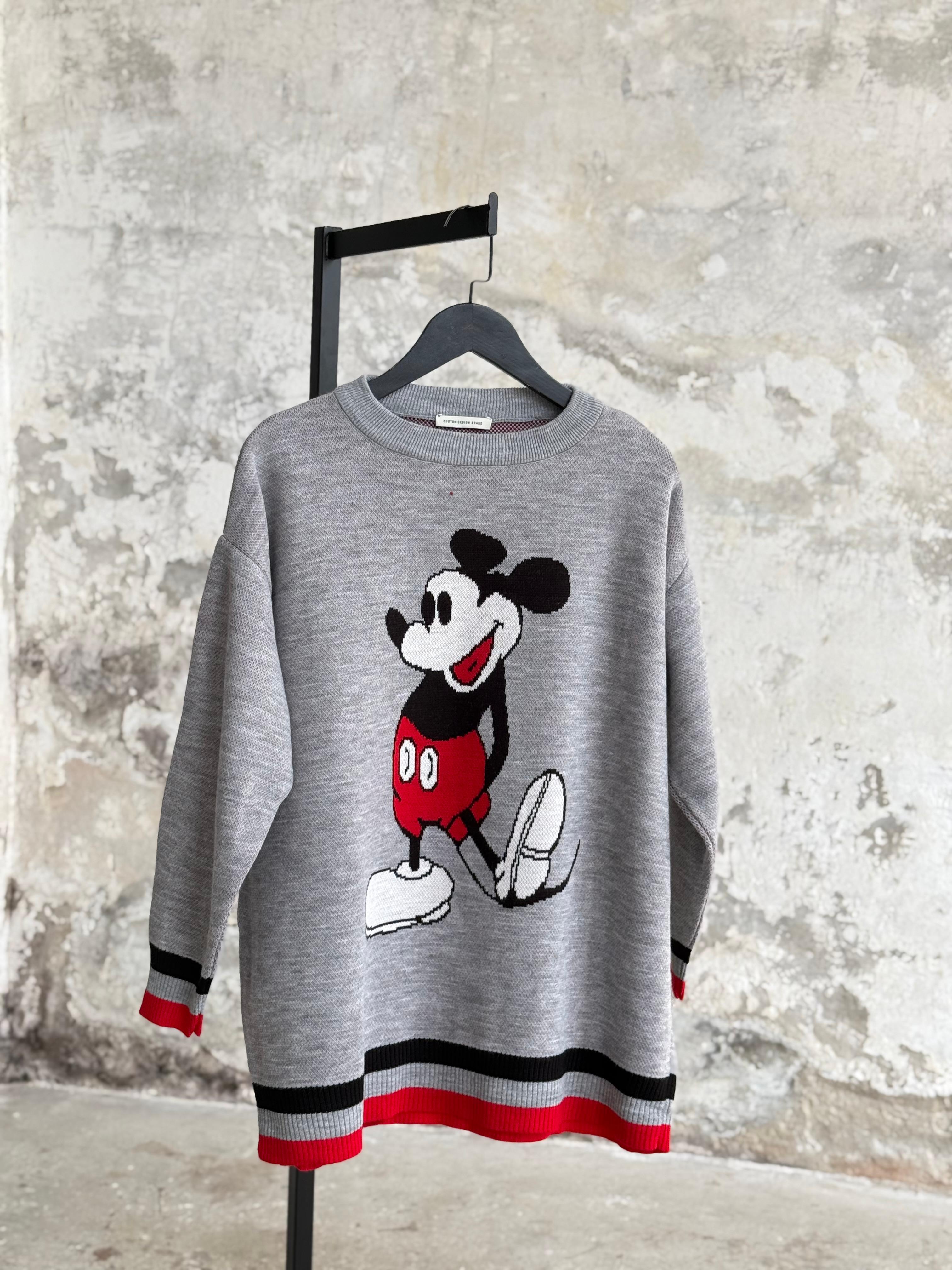 Mickey Mouse Baskılı Oversize Kazak (Gri)
