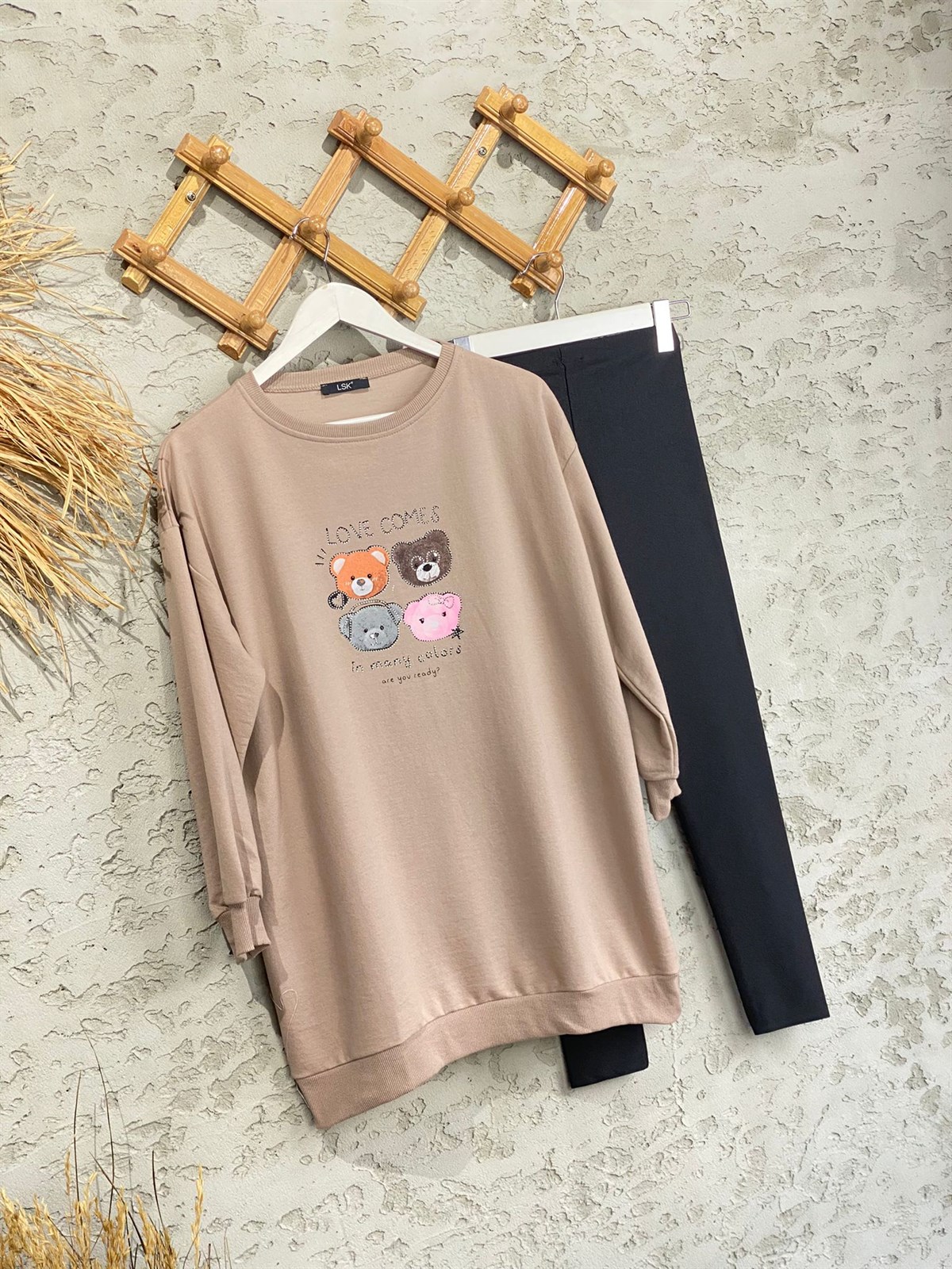 Mini Teddy Baskılı Tunik Sweat (Kahve)