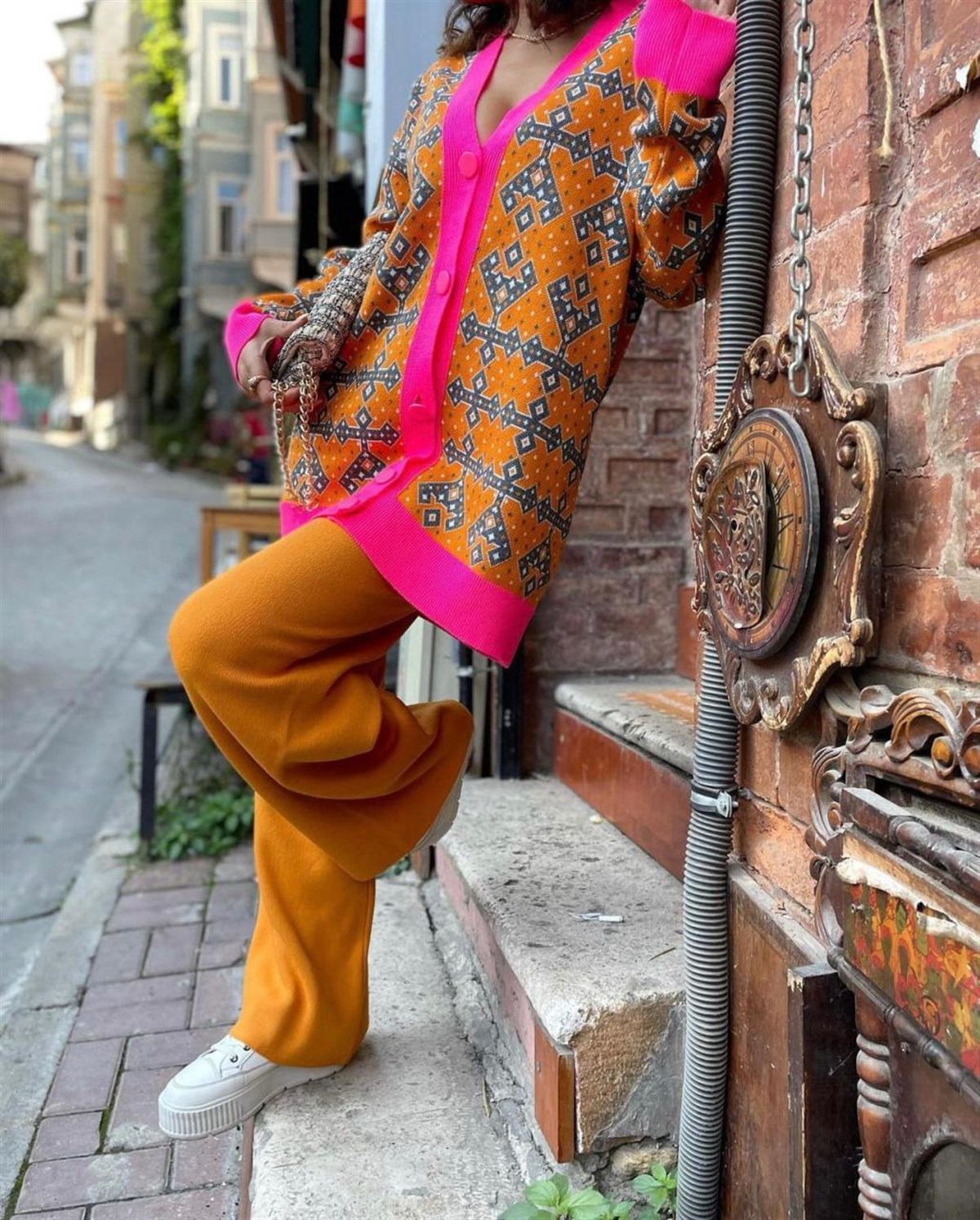 Motif Desenli Oversize Hırka