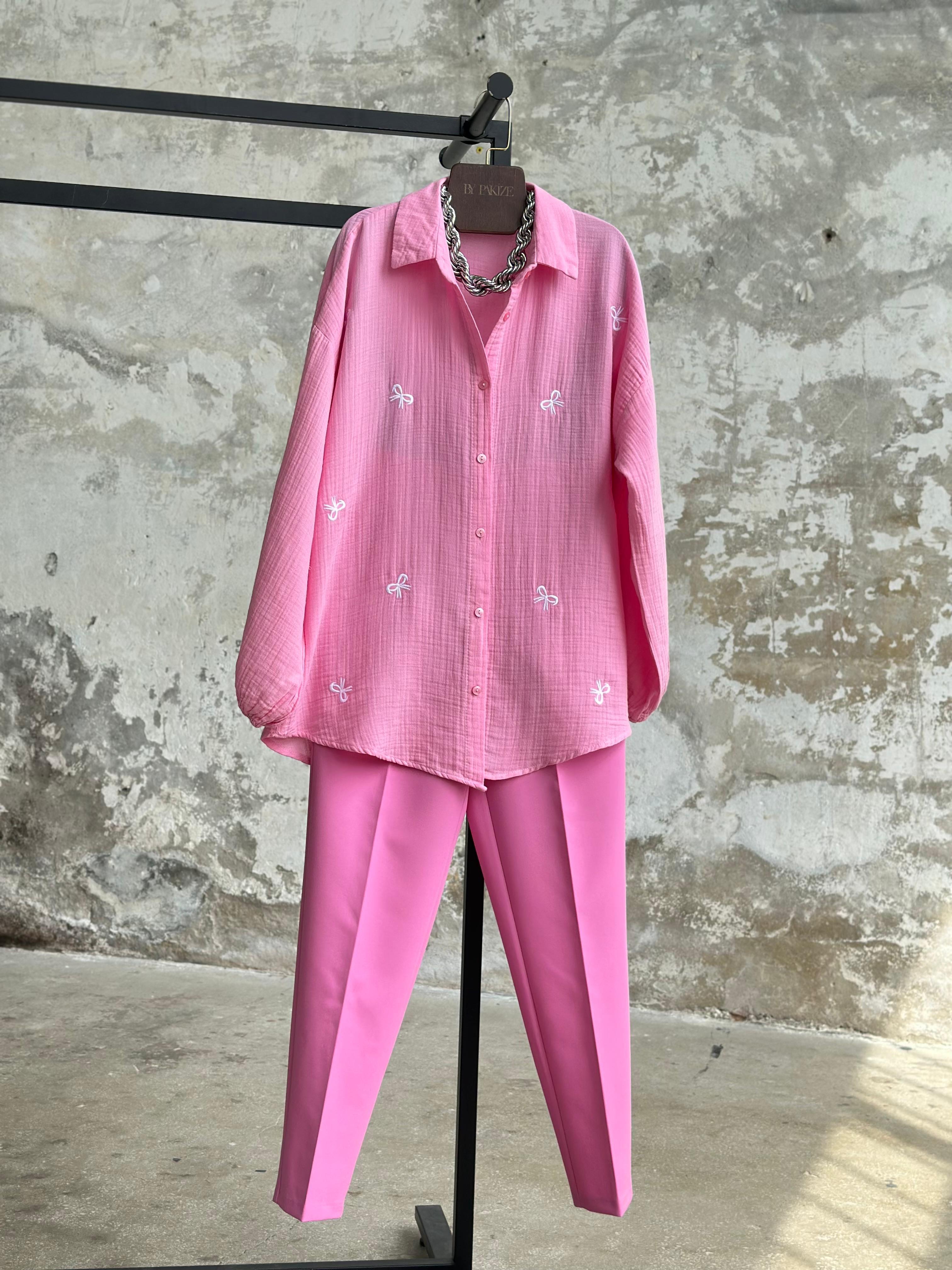 Nakış Fiyonklu Müslin Gömlek (Pembe)