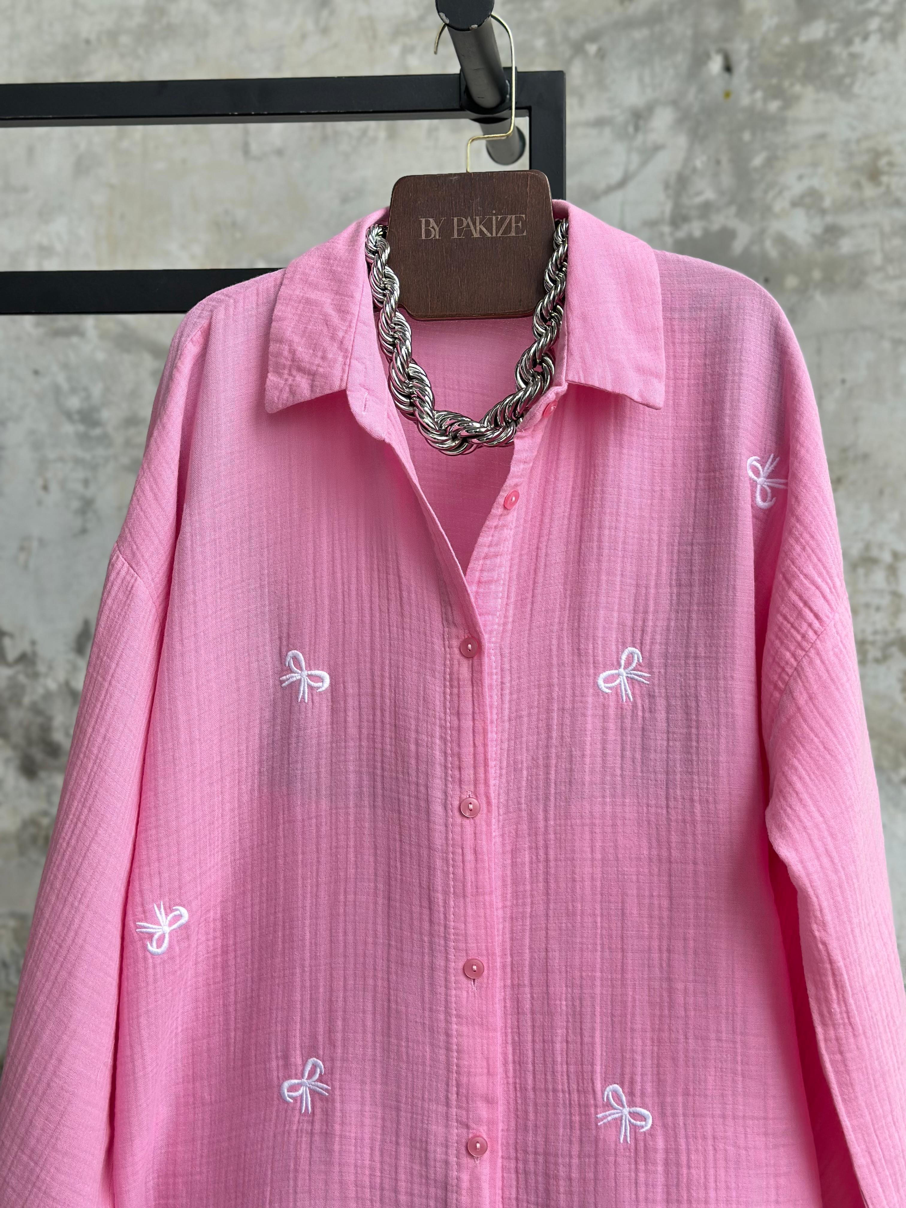 Nakış Fiyonklu Müslin Gömlek (Pembe)