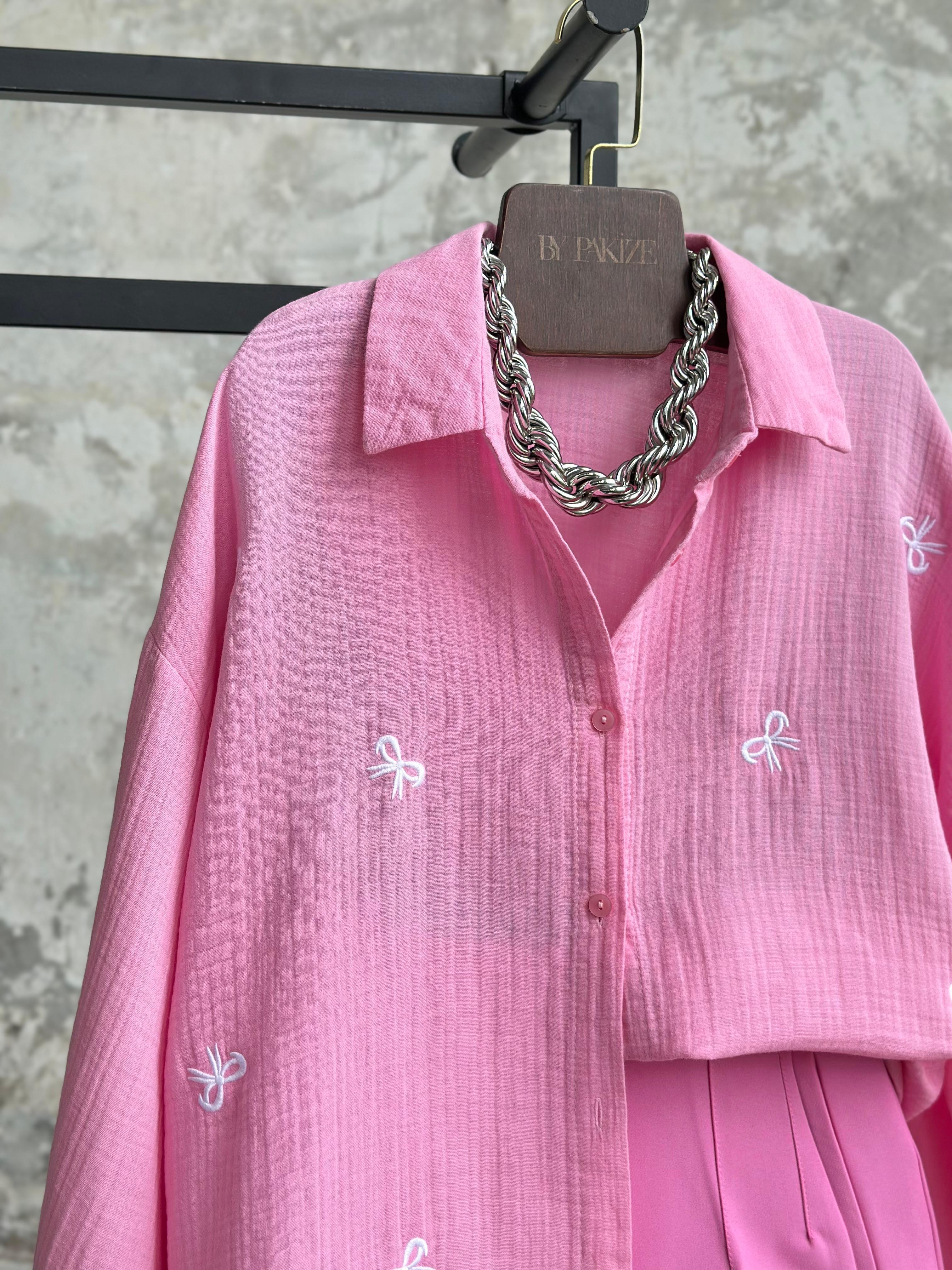 Nakış Fiyonklu Müslin Gömlek (Pembe)
